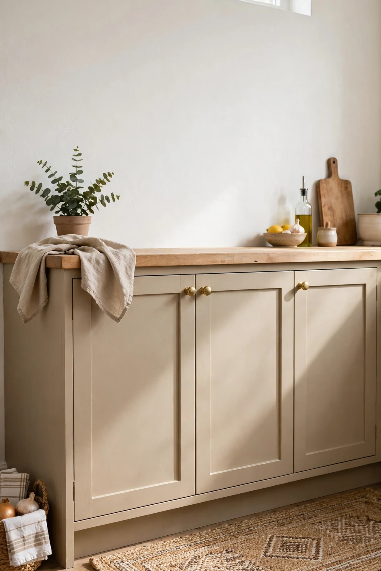 Kitchen cabinets repainted in warm putty beige paint