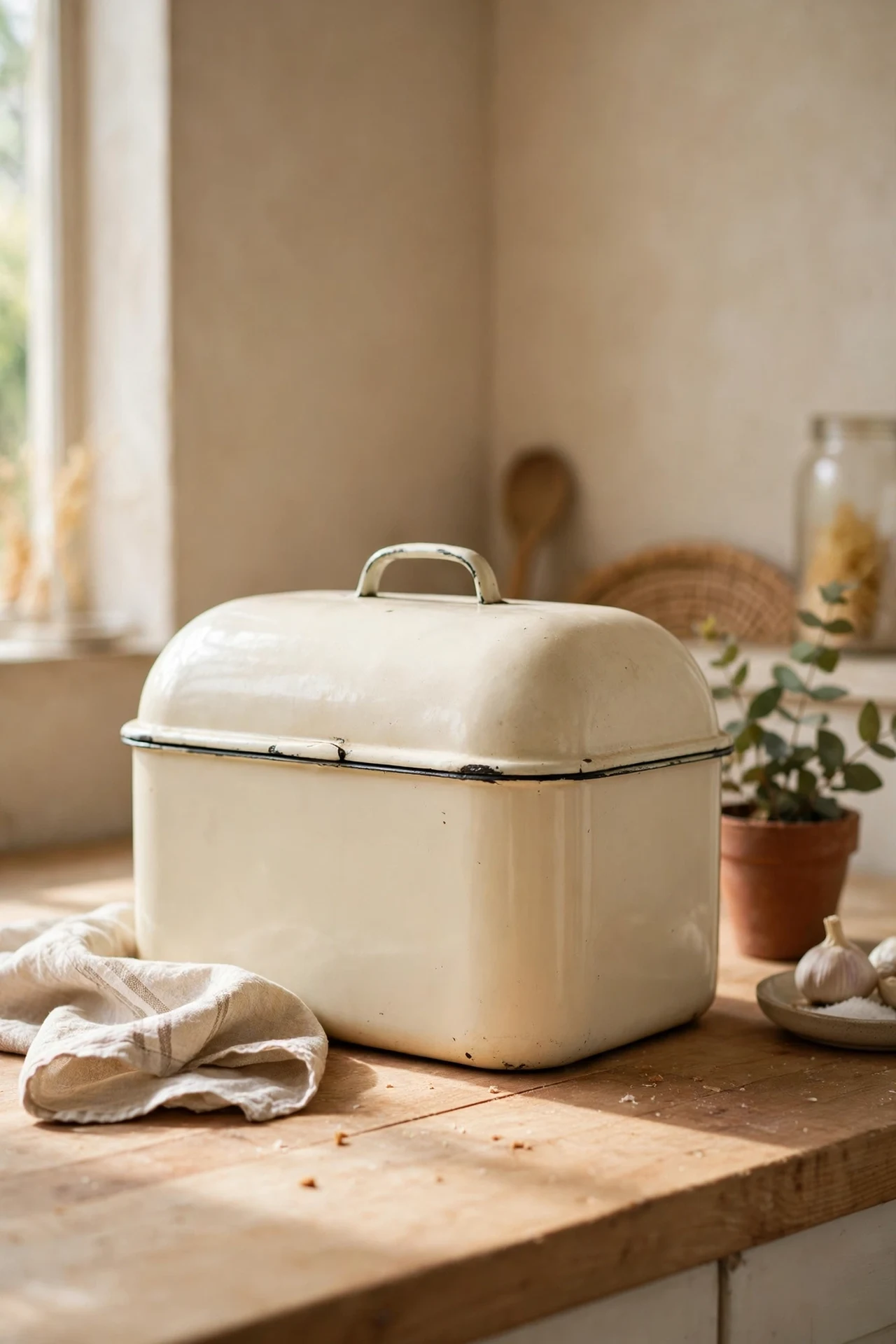 Vintage cream enamel bread box on a kitchen worktop