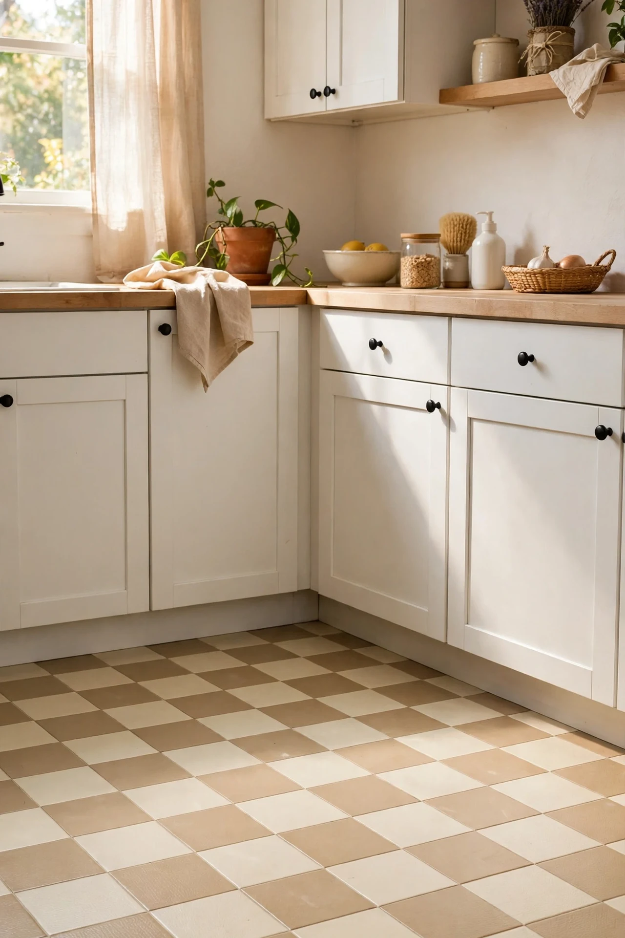 Beige checkerboard peel and stick tiles on a kitchen floor