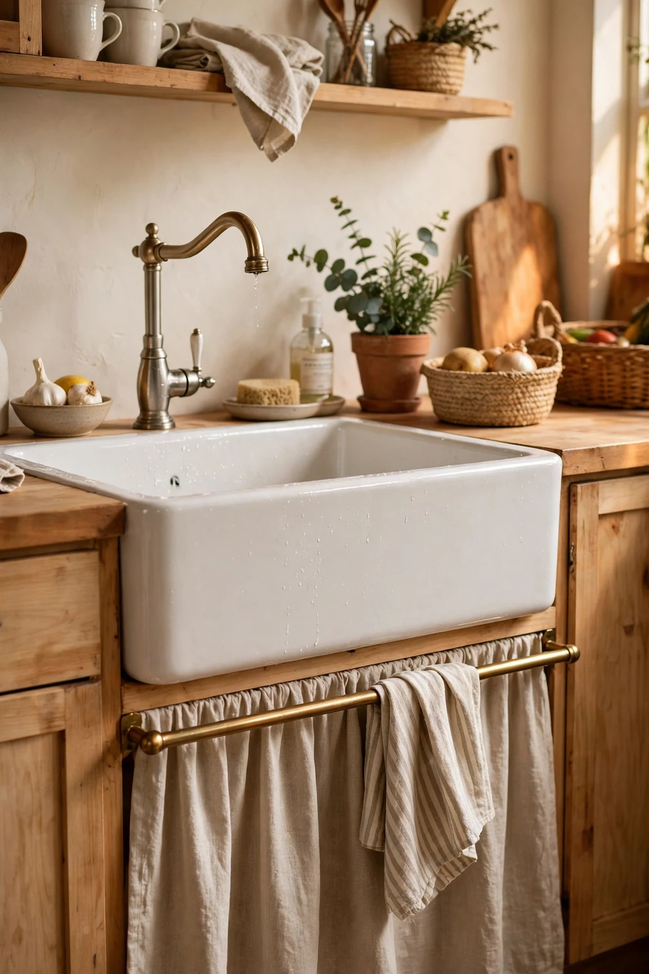 Farmhouse sink skirt with beige linen curtain under the sink