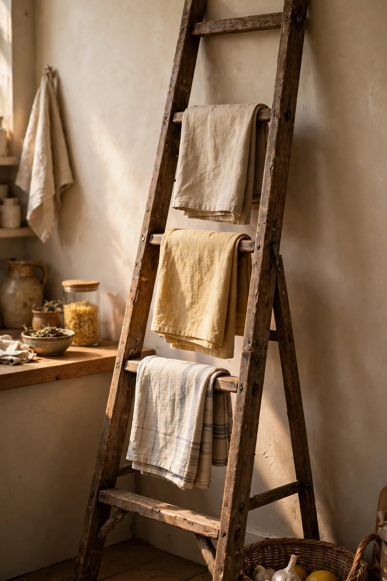 Vintage wooden ladder used as a towel rack in a kitchen