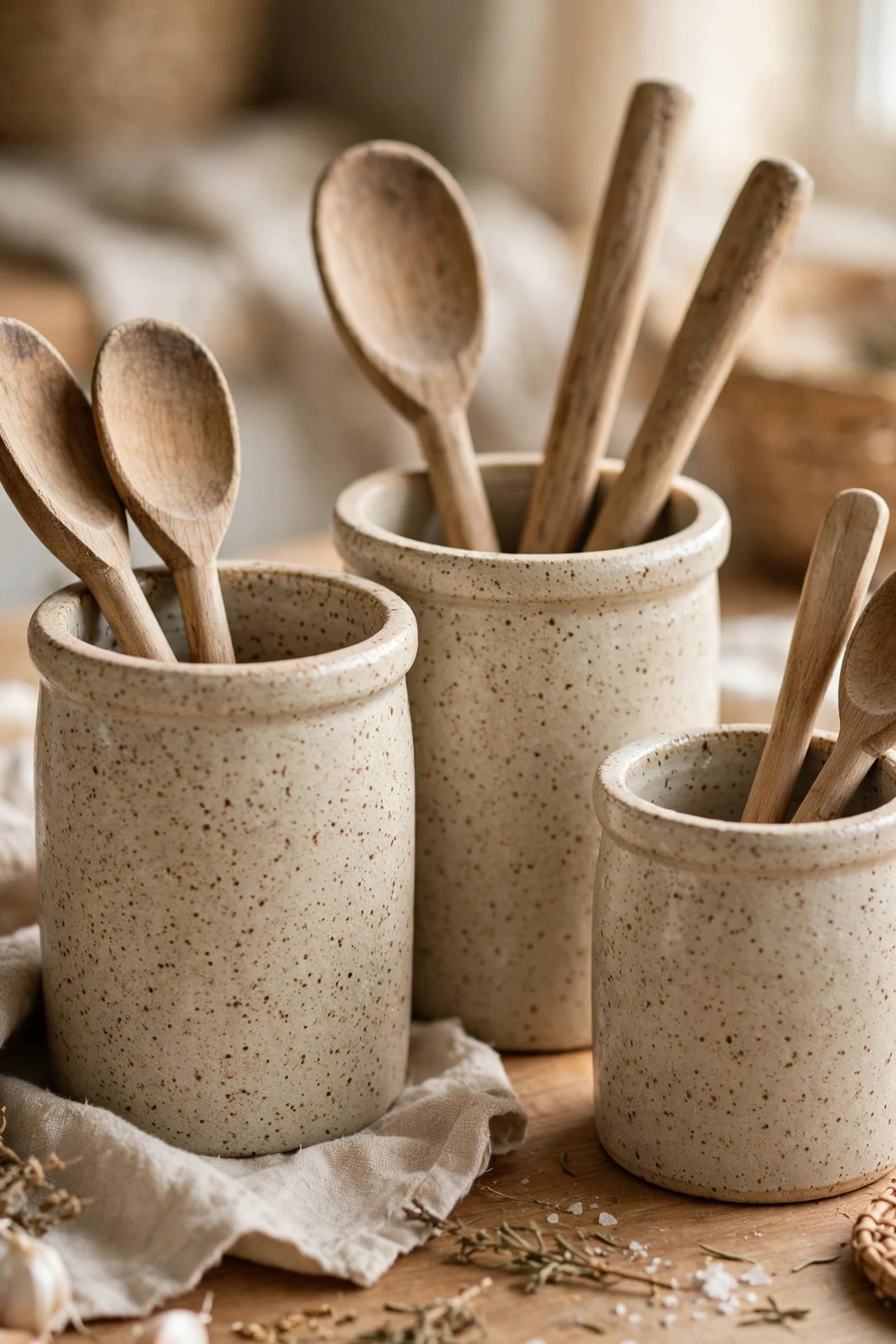 Beige stoneware crocks holding kitchen utensils on a worktop