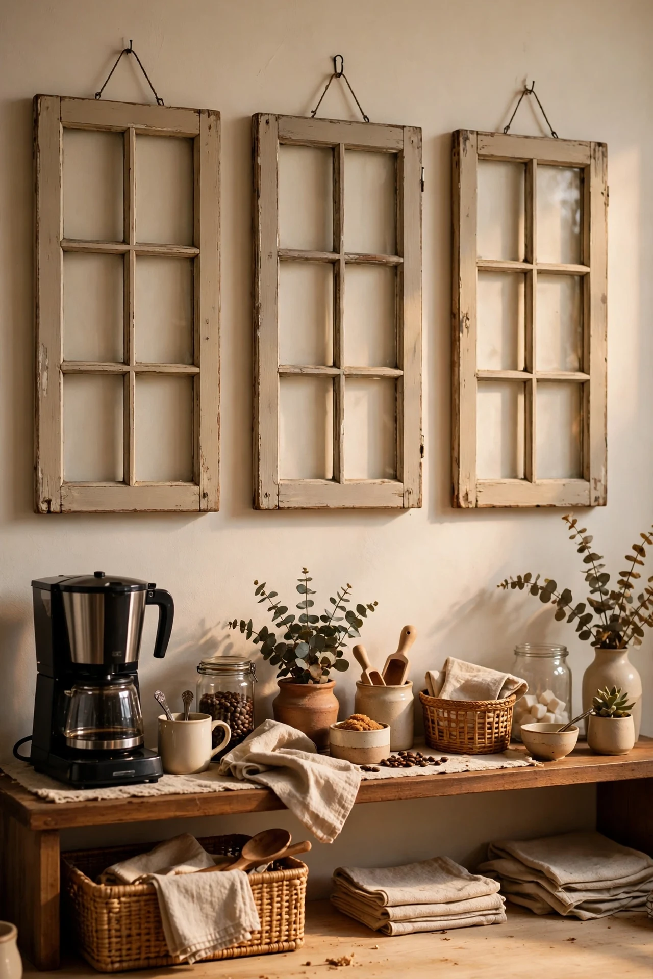Old wooden window frames hung as art on a kitchen wall