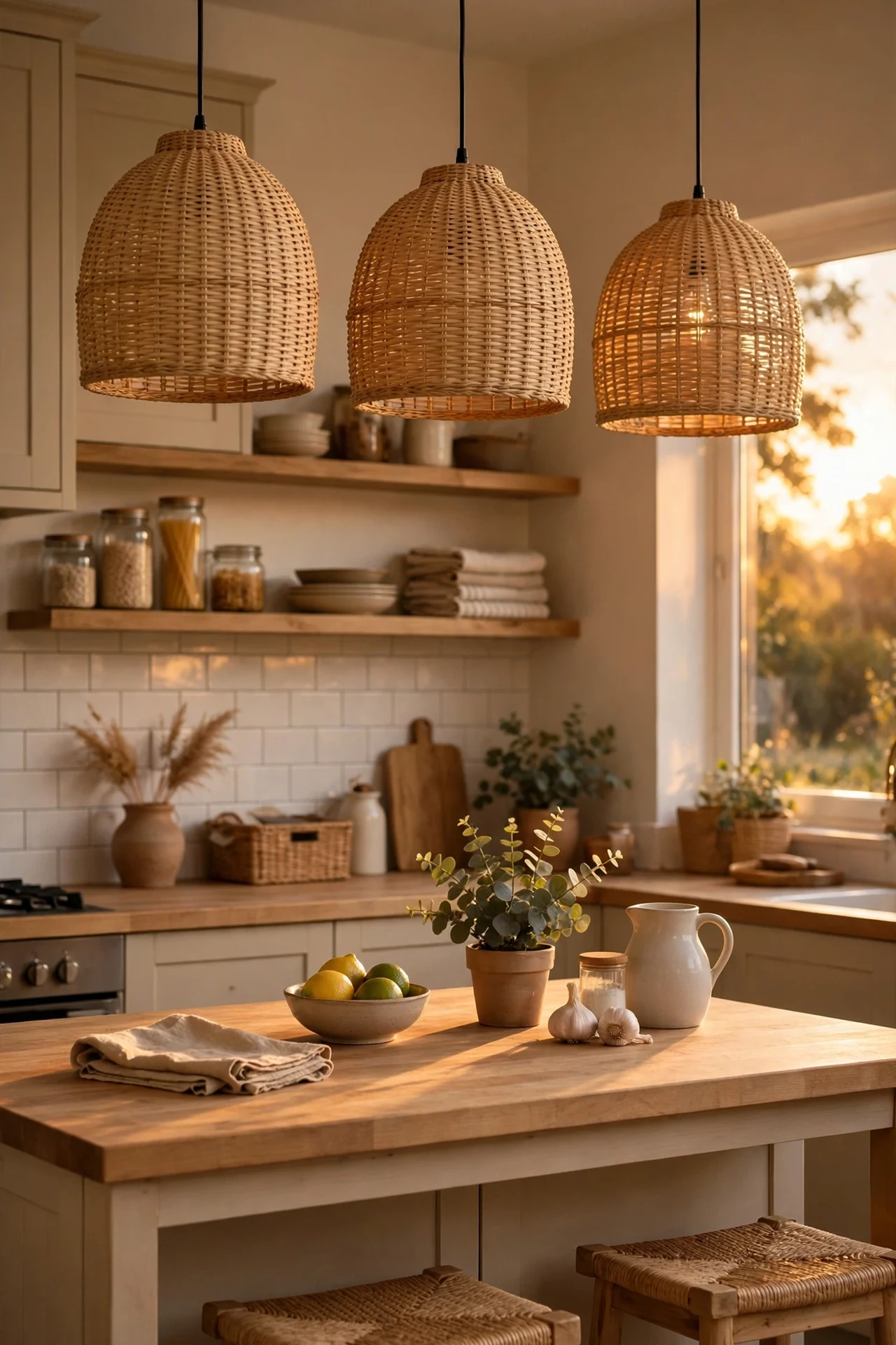 Warm beige woven pendant shades over a kitchen island