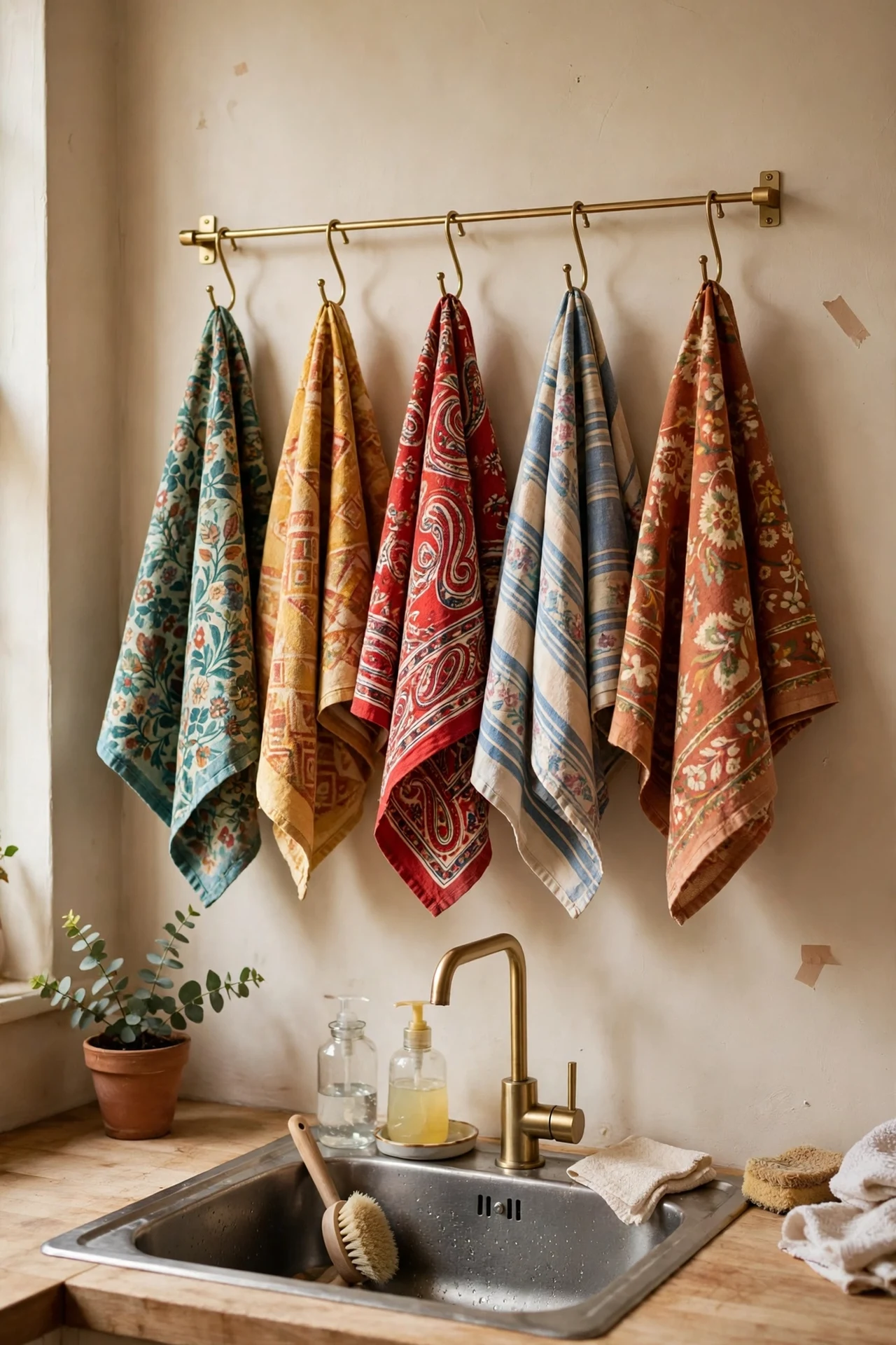 Brass rail with hanging vintage tea towels in a kitchen