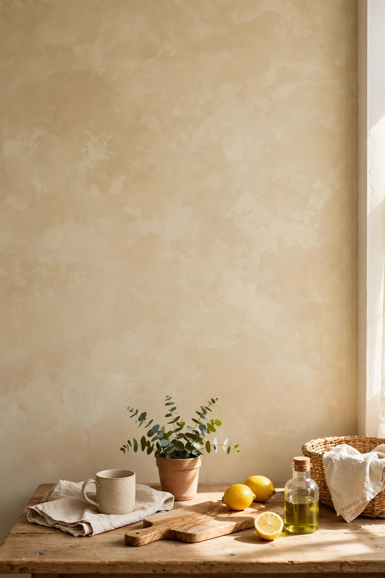 Warm beige limewash painted wall in a vintage style kitchen