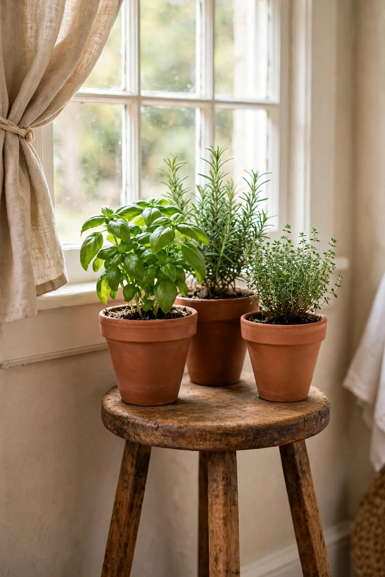 Vintage wooden stool with potted herbs by a kitchen window