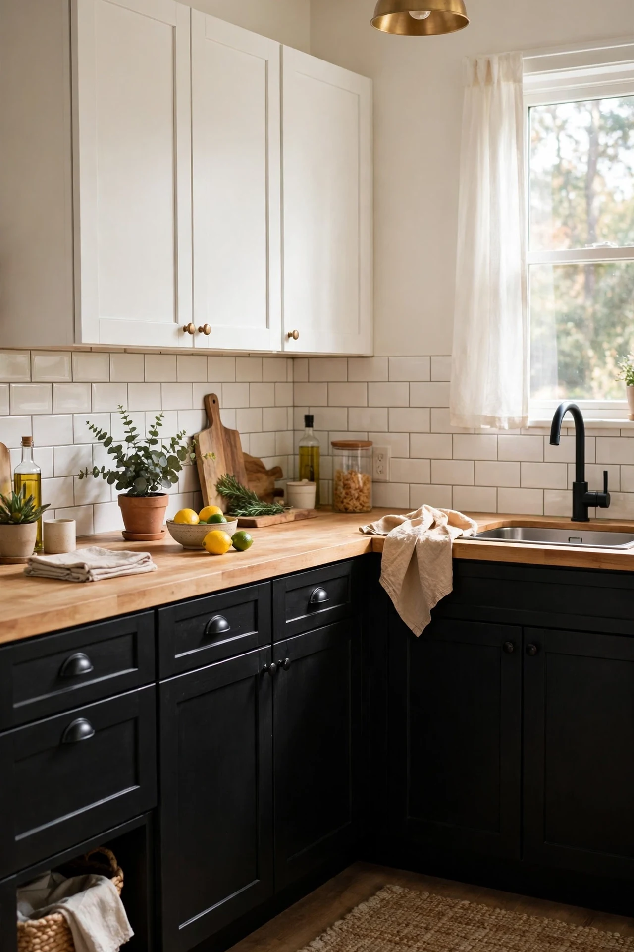Black lower kitchen cabinets paired with crisp white upper cabinets