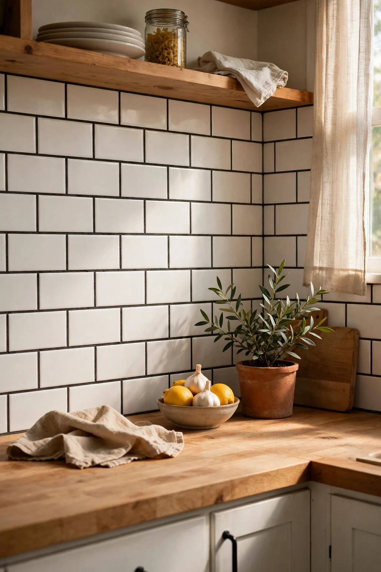 White subway tile backsplash with dark charcoal grout lines