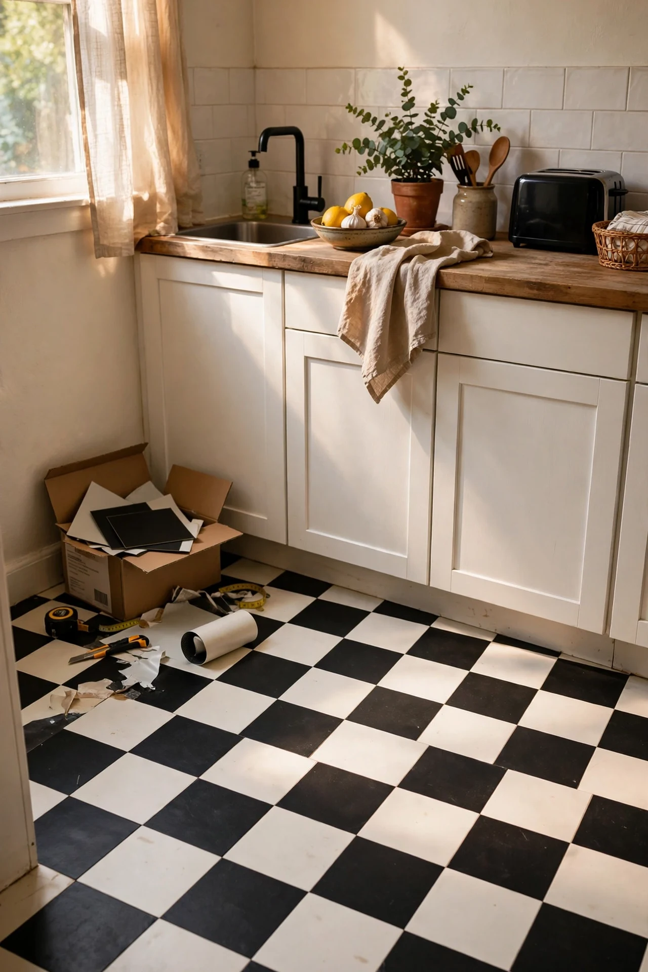 Black and white checkerboard peel and stick kitchen floor tiles