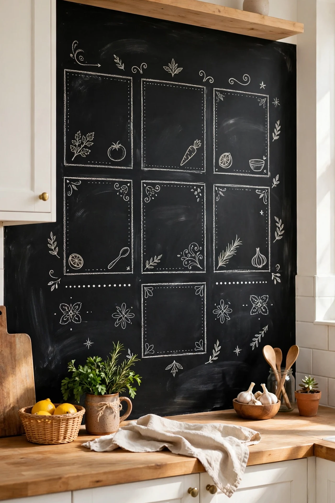 Black chalkboard accent wall for menus in white kitchen