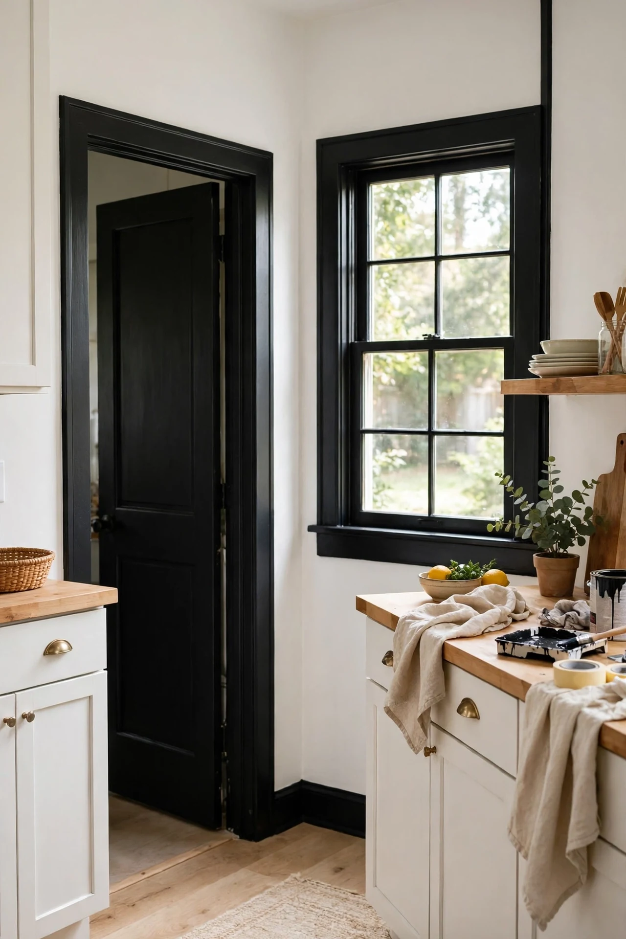 White kitchen walls with black painted door trim frames