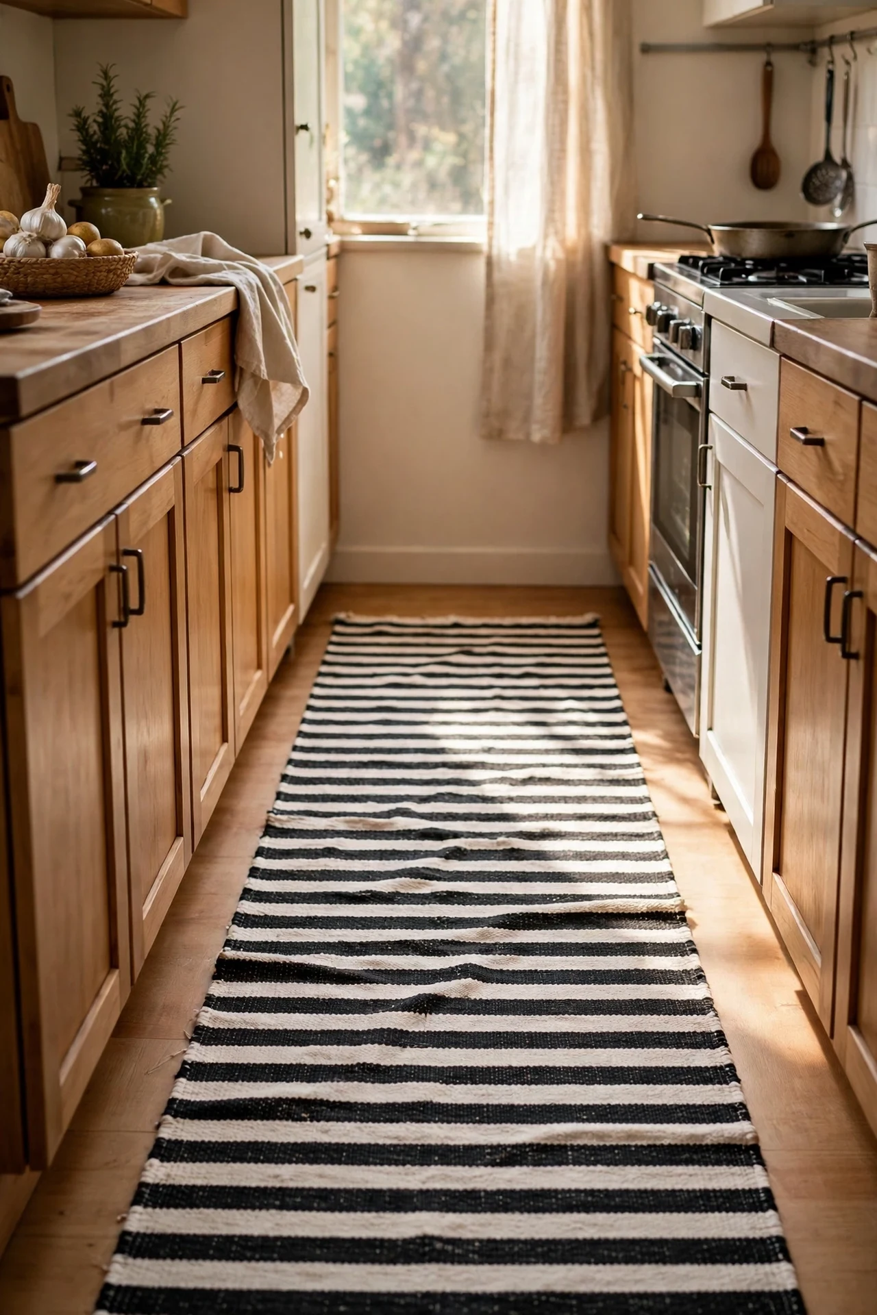 Striped black and white runner rug in galley kitchen