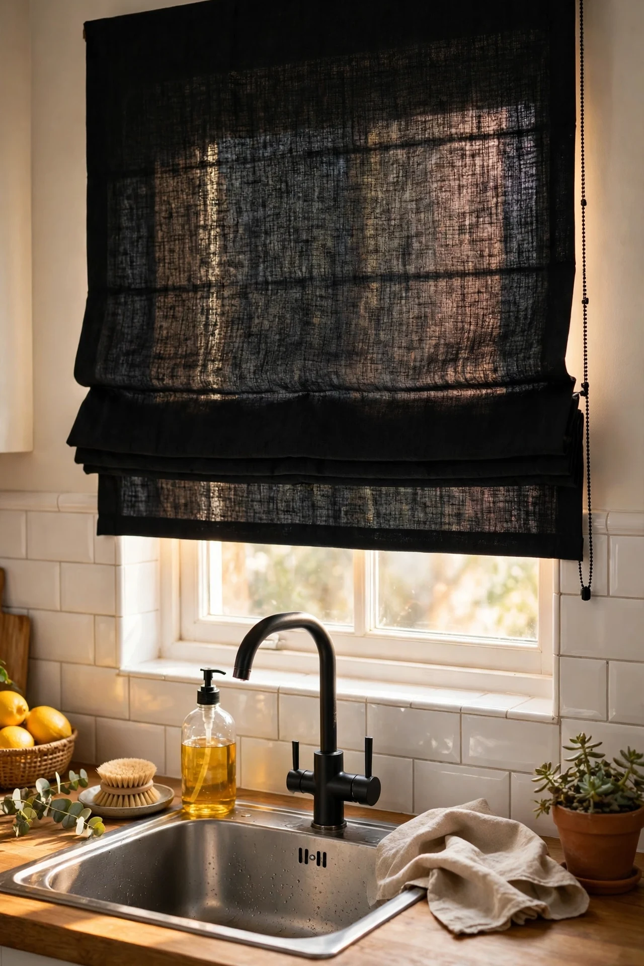 Black roman shade over kitchen sink window dressing