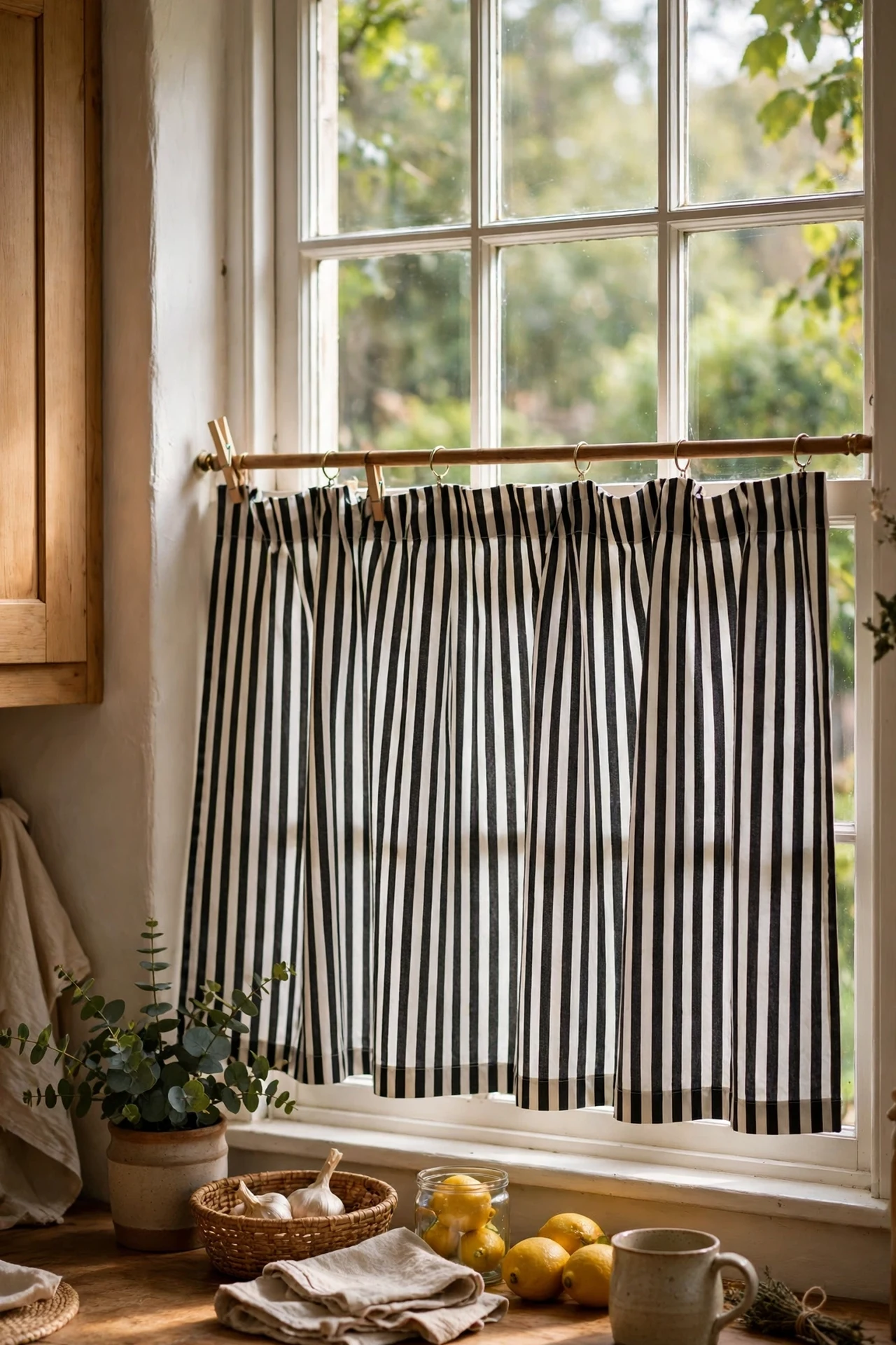 Black and white striped cafe curtains on kitchen window