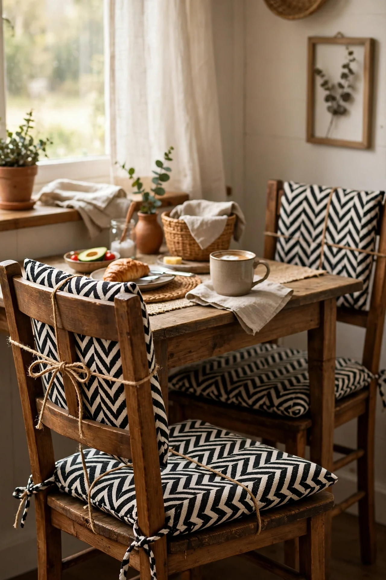 Patterned black and white seat cushions on kitchen chairs
