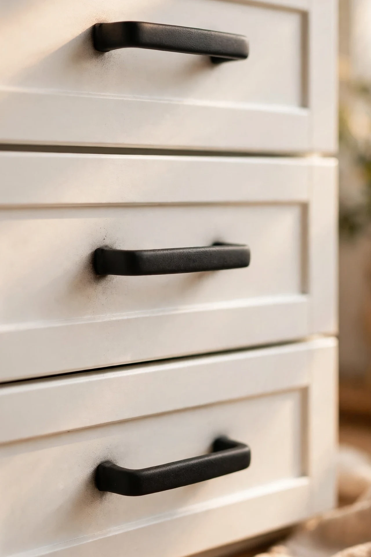 Matte black spray painted cabinet handles closeup kitchen