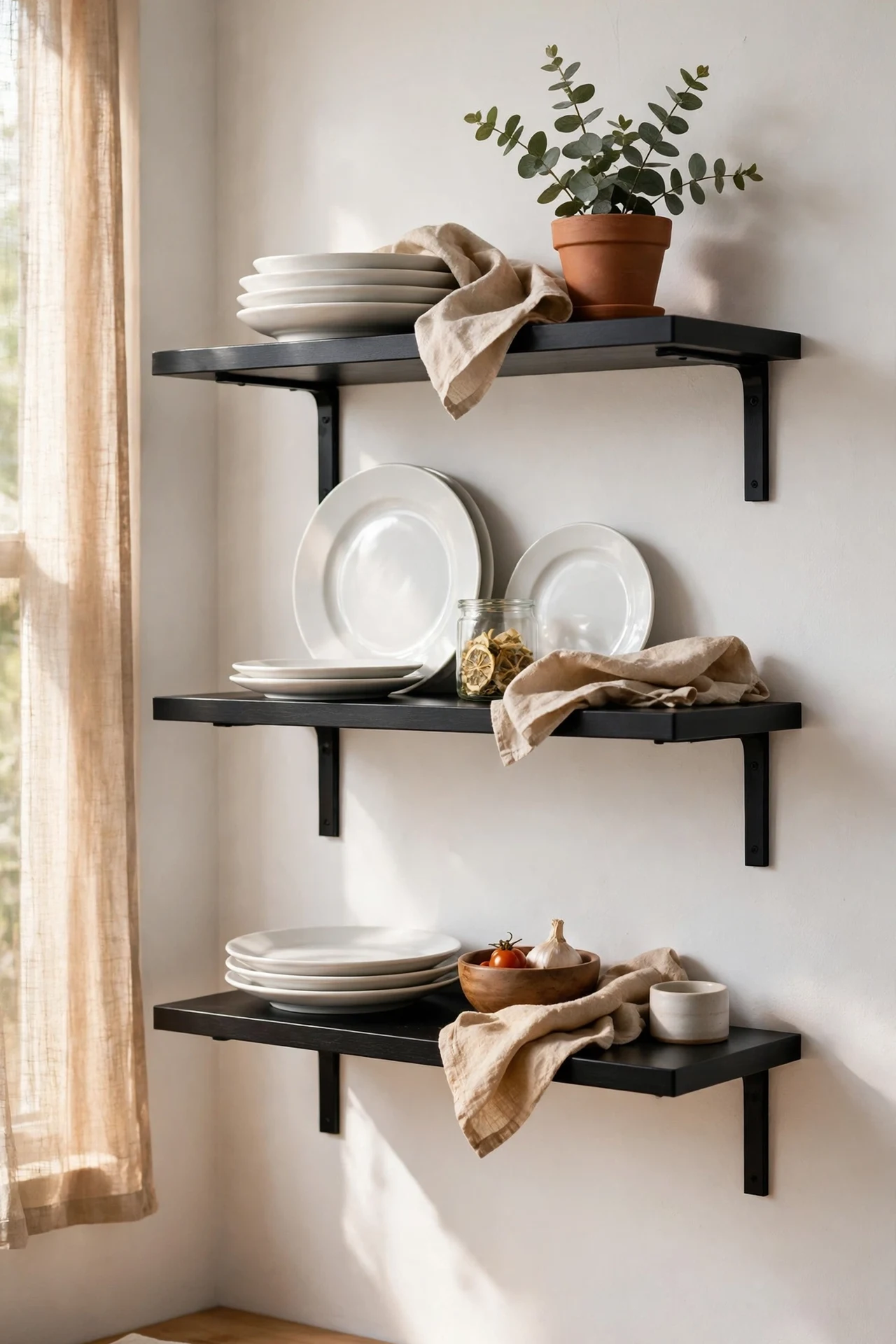 Black floating shelves styled on white kitchen wall