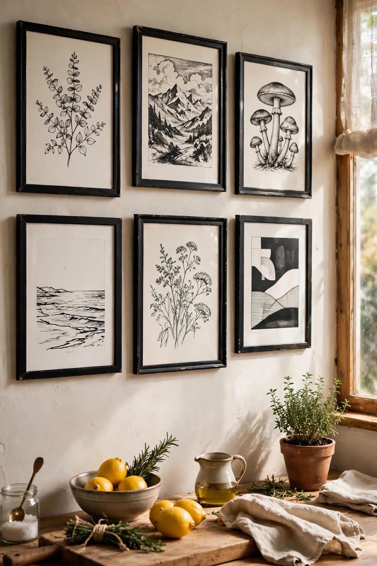 Thrifted black and white art prints in kitchen gallery