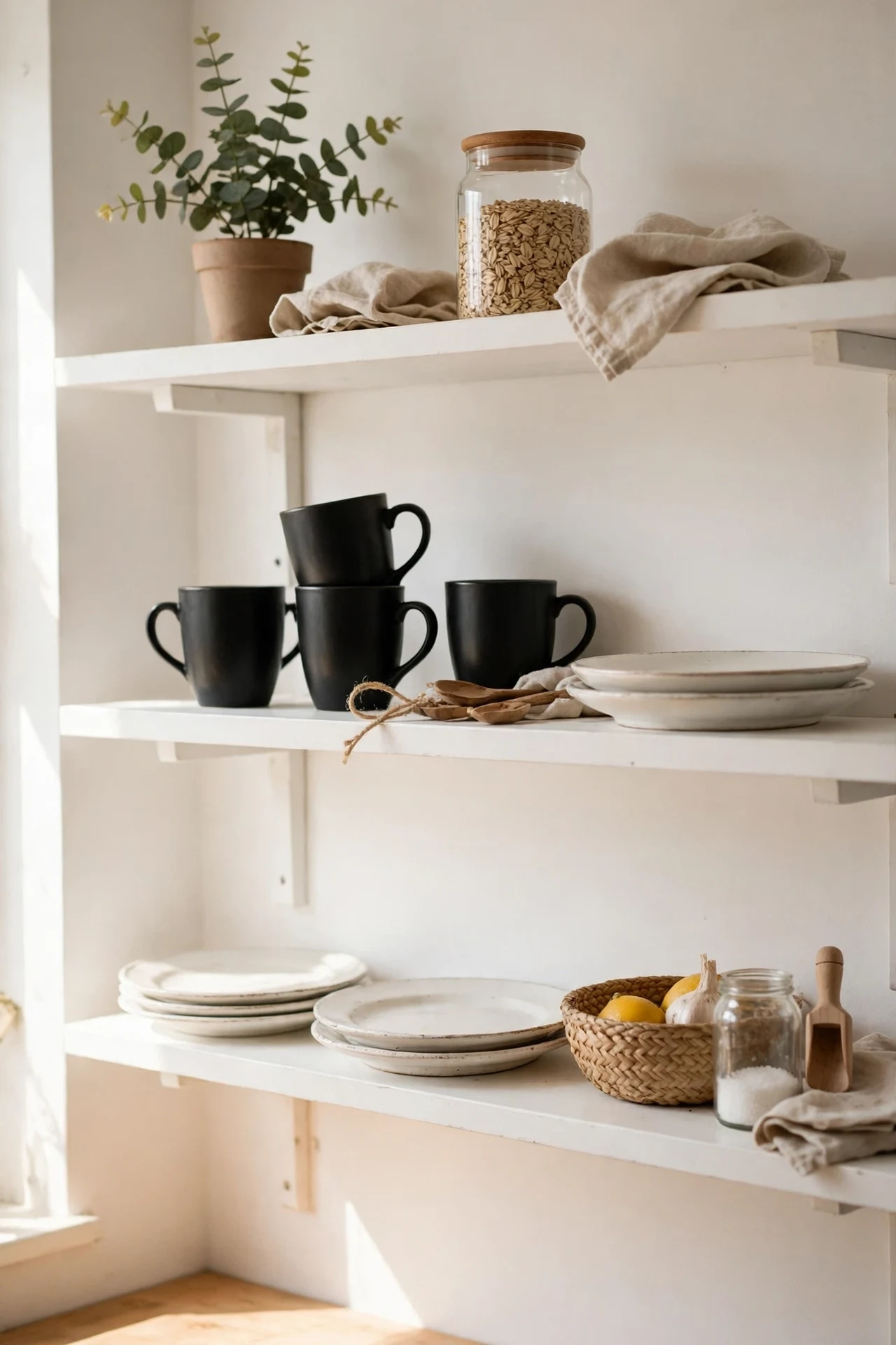 White open kitchen shelves styled with black dishware