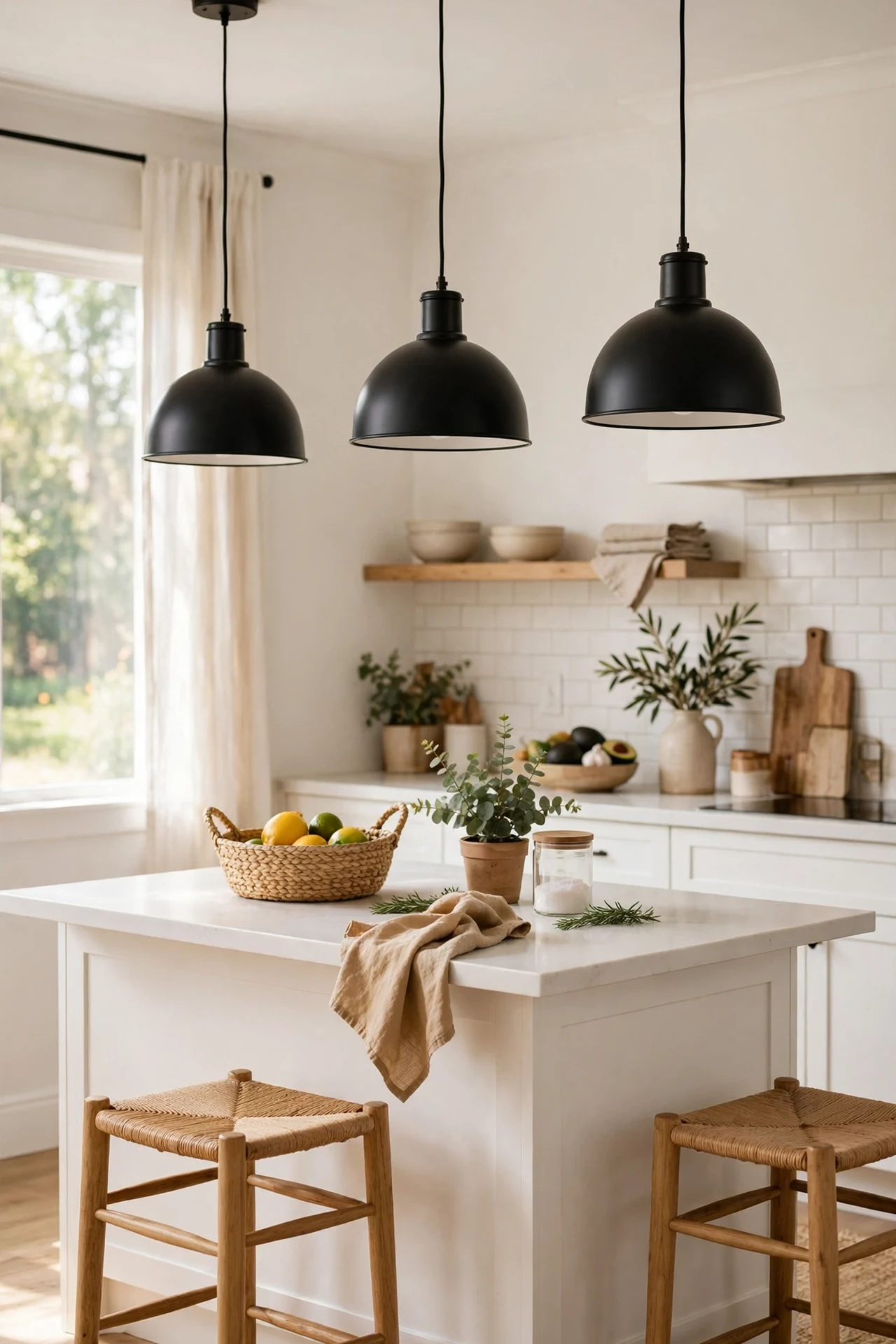 Black pendant lights hanging over white kitchen island