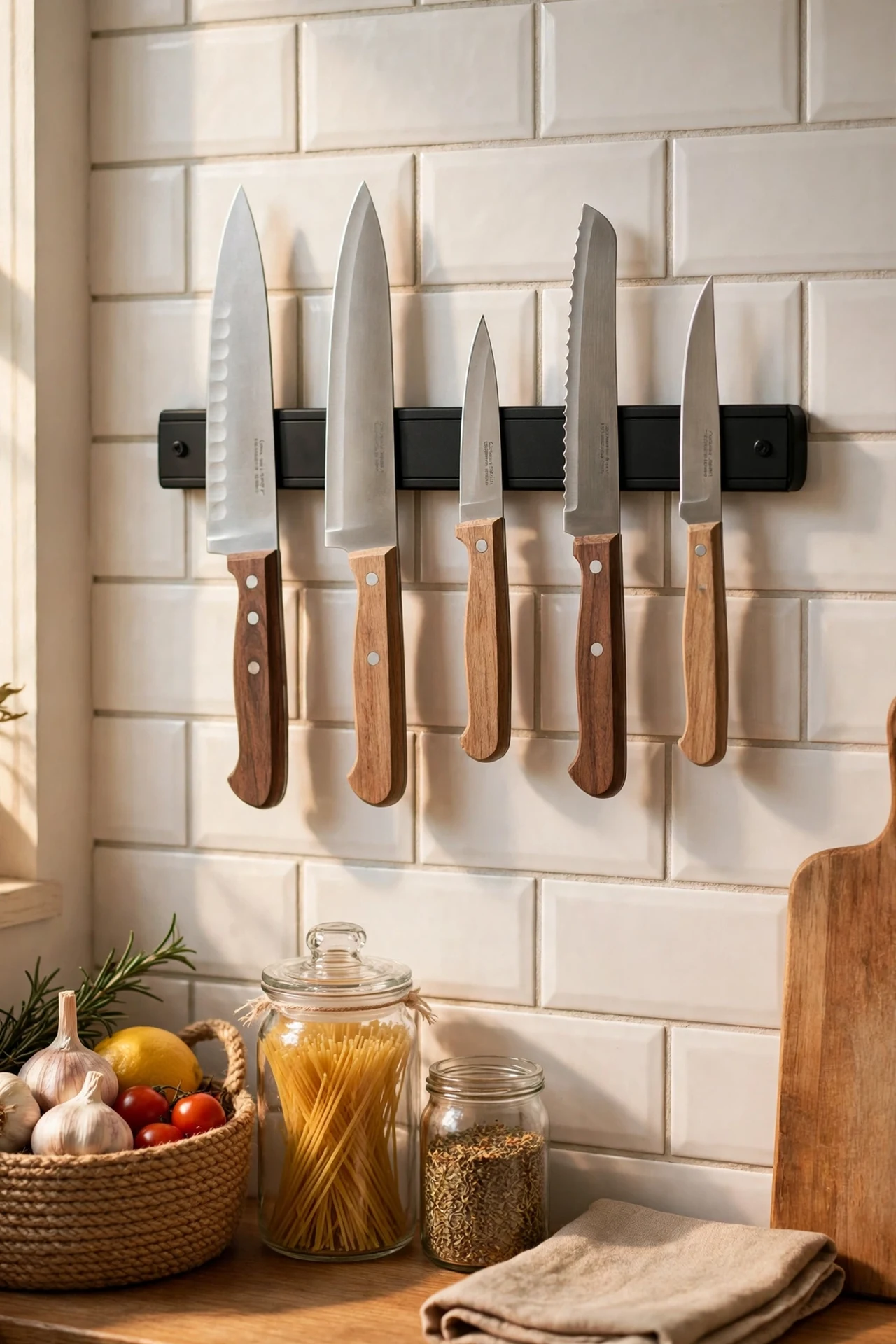 Magnetic black knife strip mounted on white kitchen wall