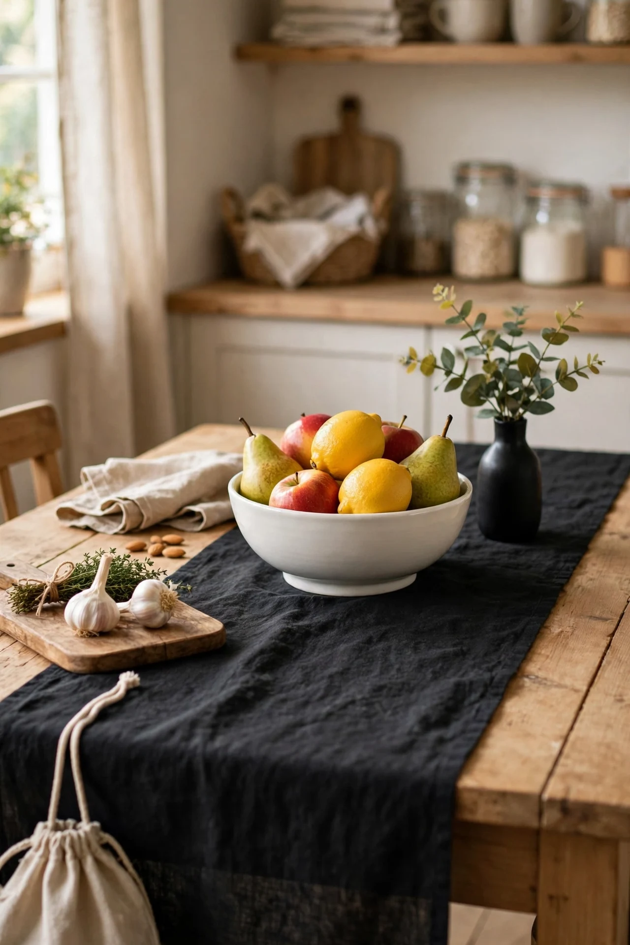 Black and white table styling with runner centerpiece kitchen