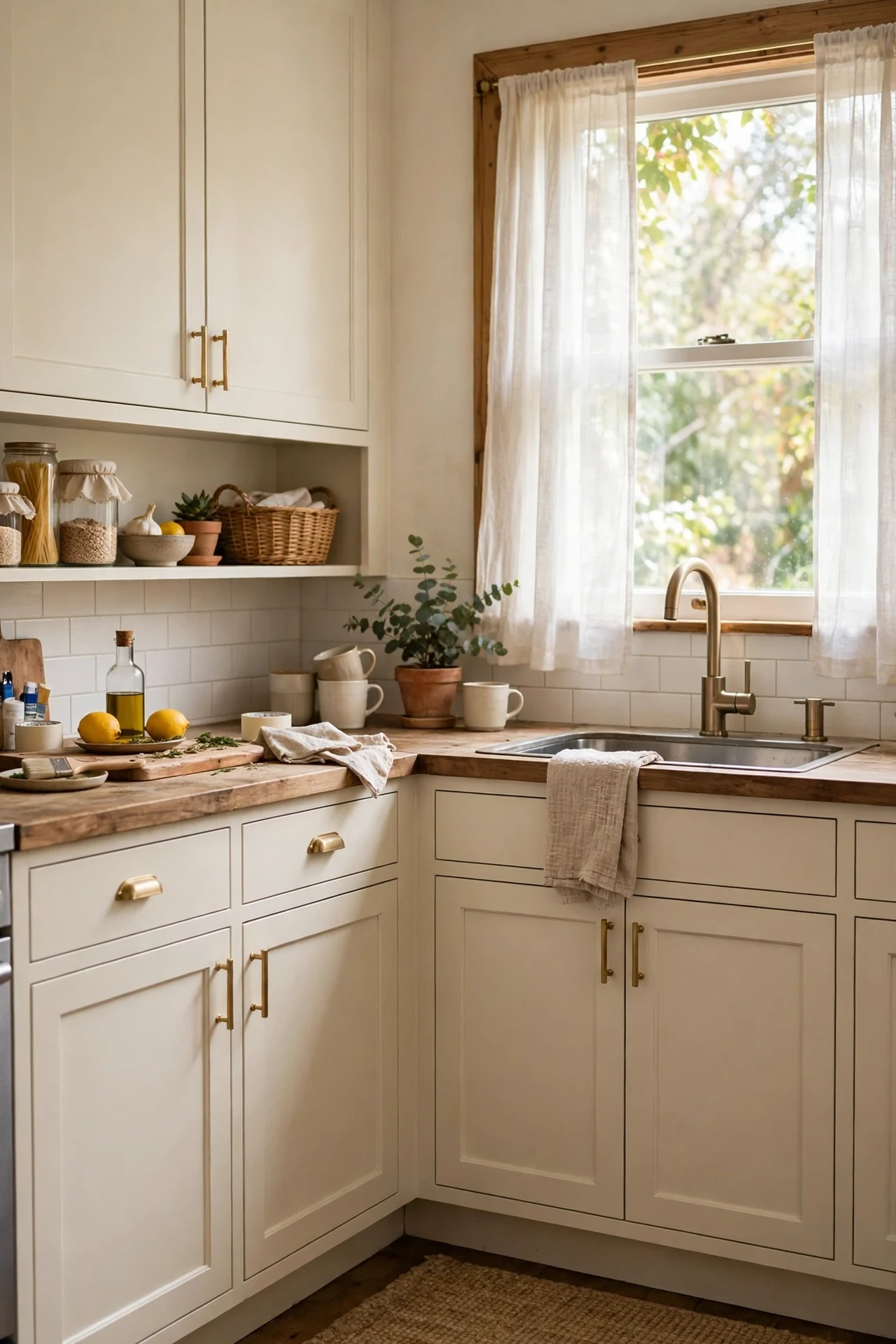 Warm white painted kitchen cabinets in creamy Swiss Coffee tone