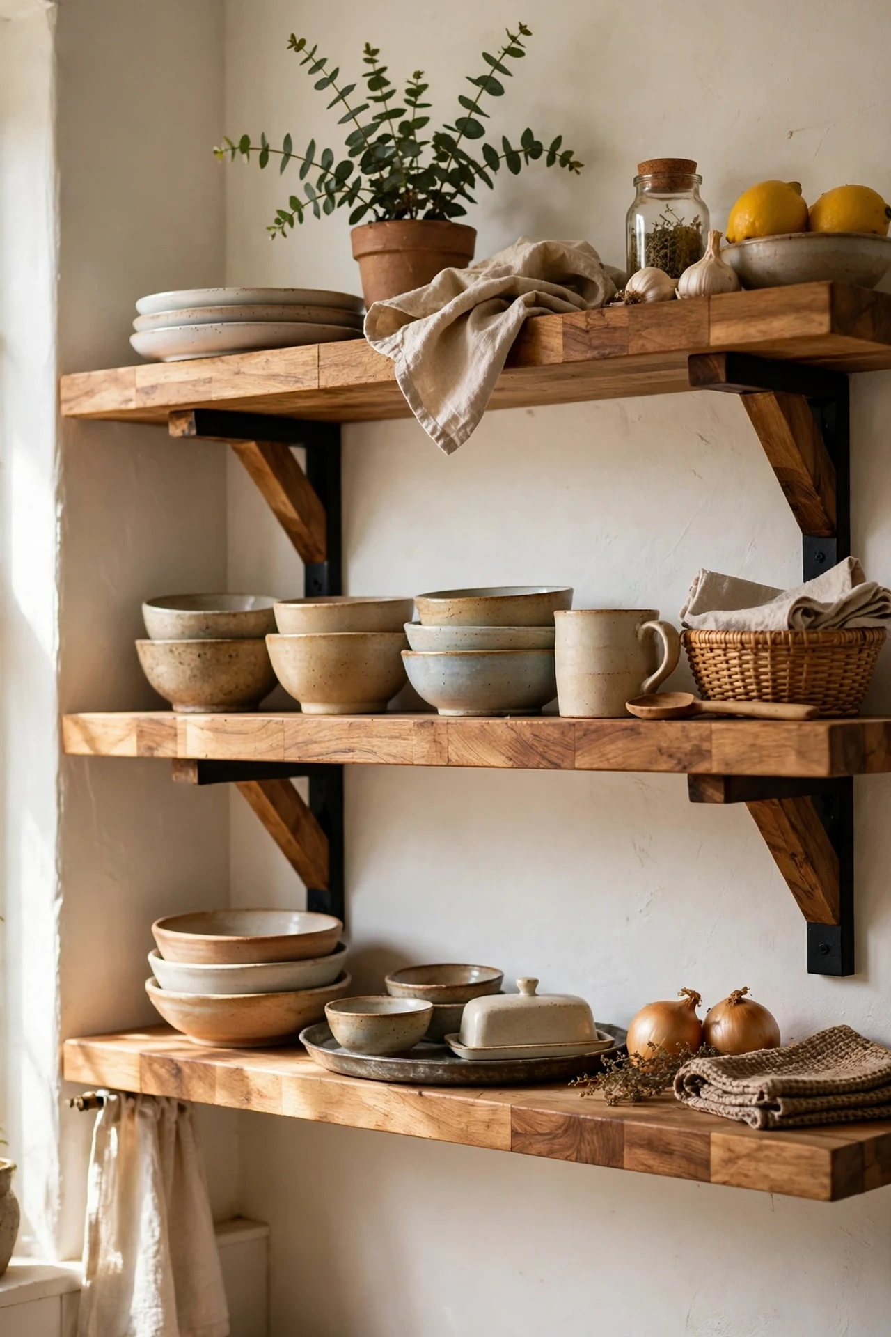 Butcher block open shelves on warm white kitchen walls