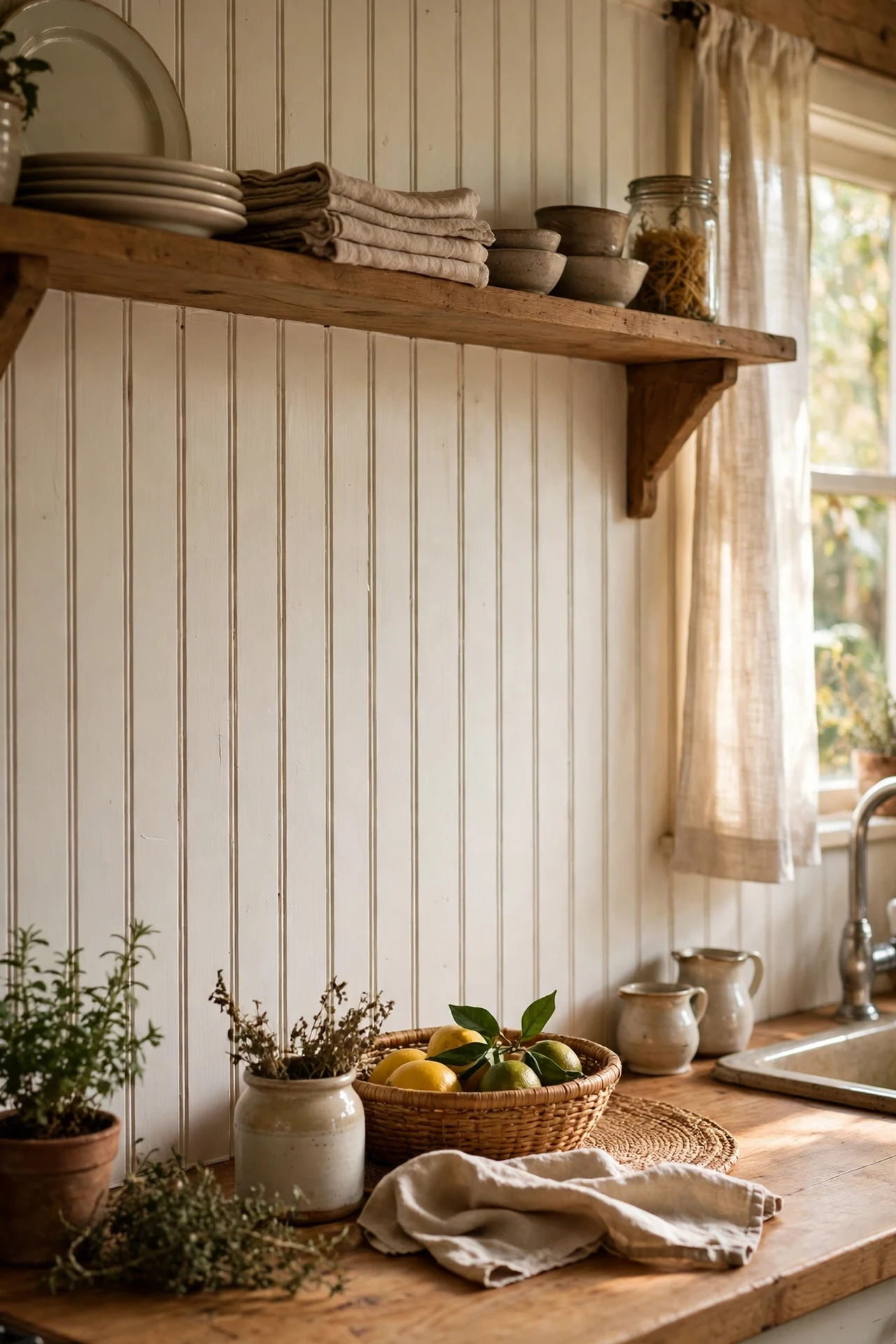 Warm white beadboard backsplash behind kitchen worktop