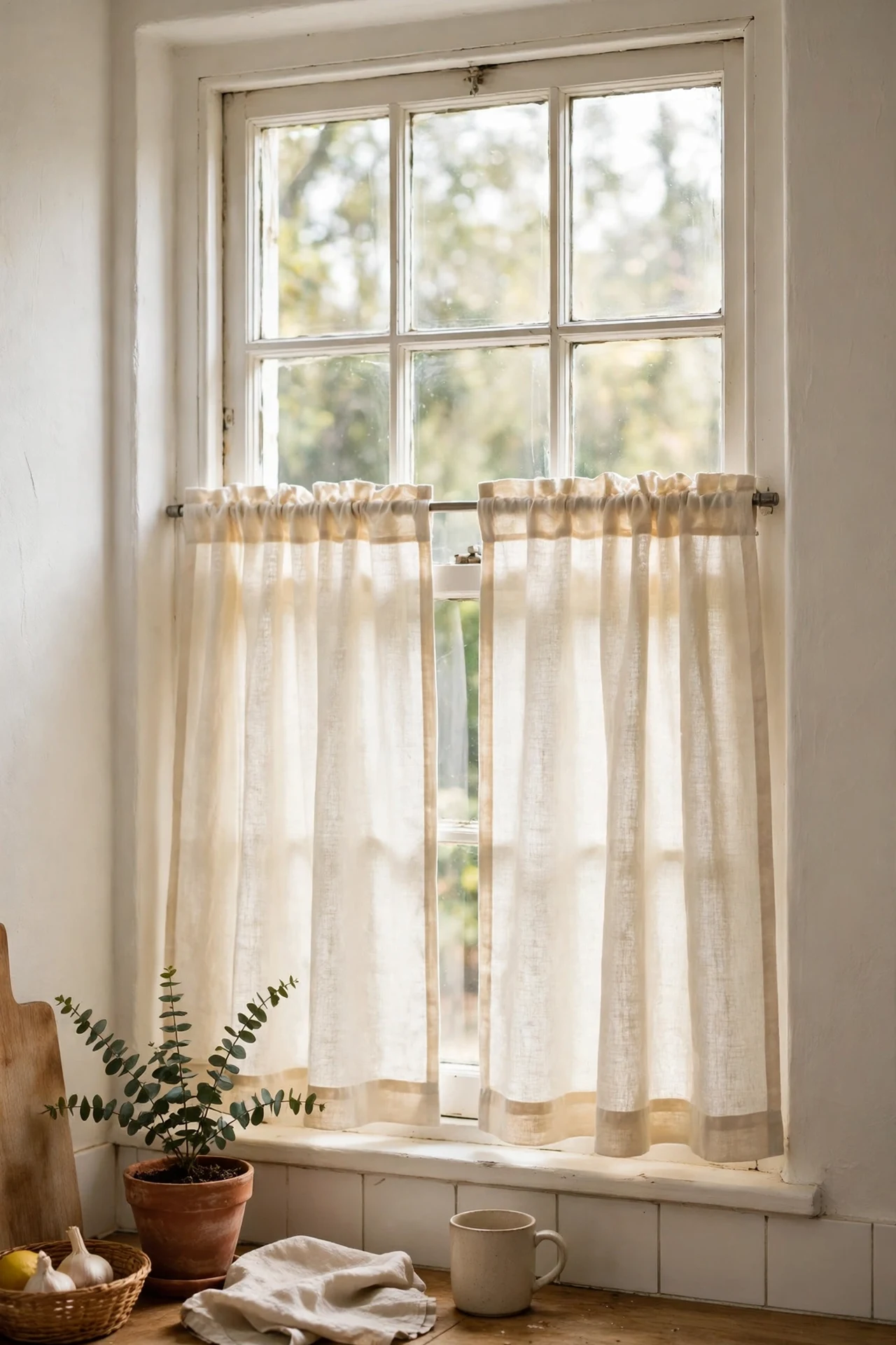 Cream linen cafe curtains on warm white kitchen window