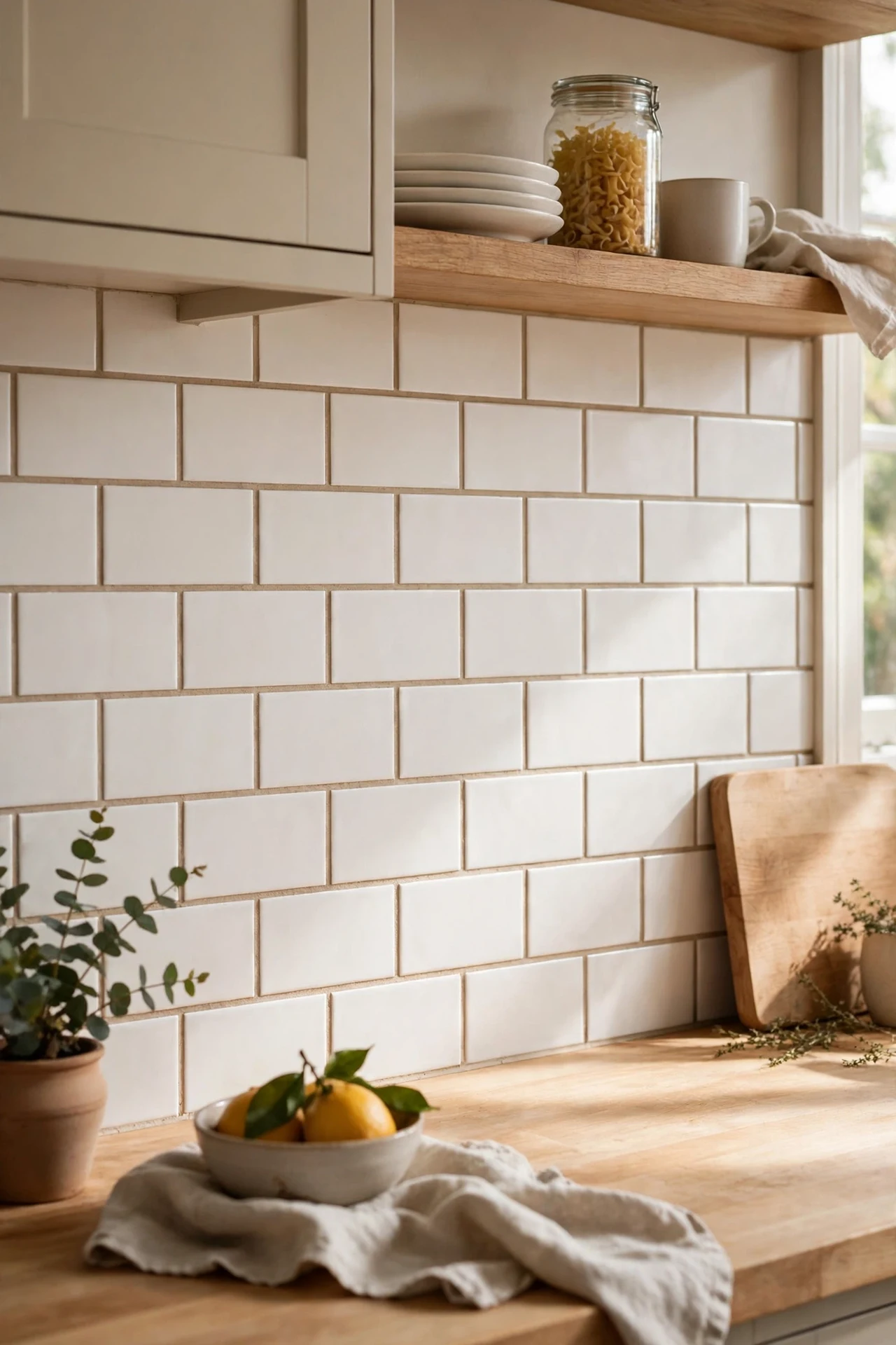 White subway tile backsplash with warm greige grout