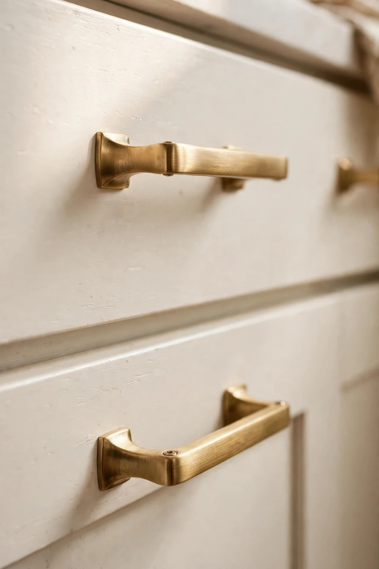 Brushed brass cabinet pulls on warm white kitchen drawers