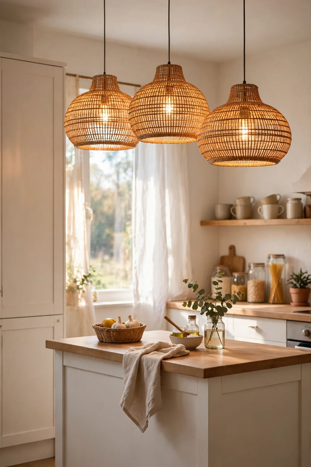 Rattan pendant shades glowing over warm white kitchen island