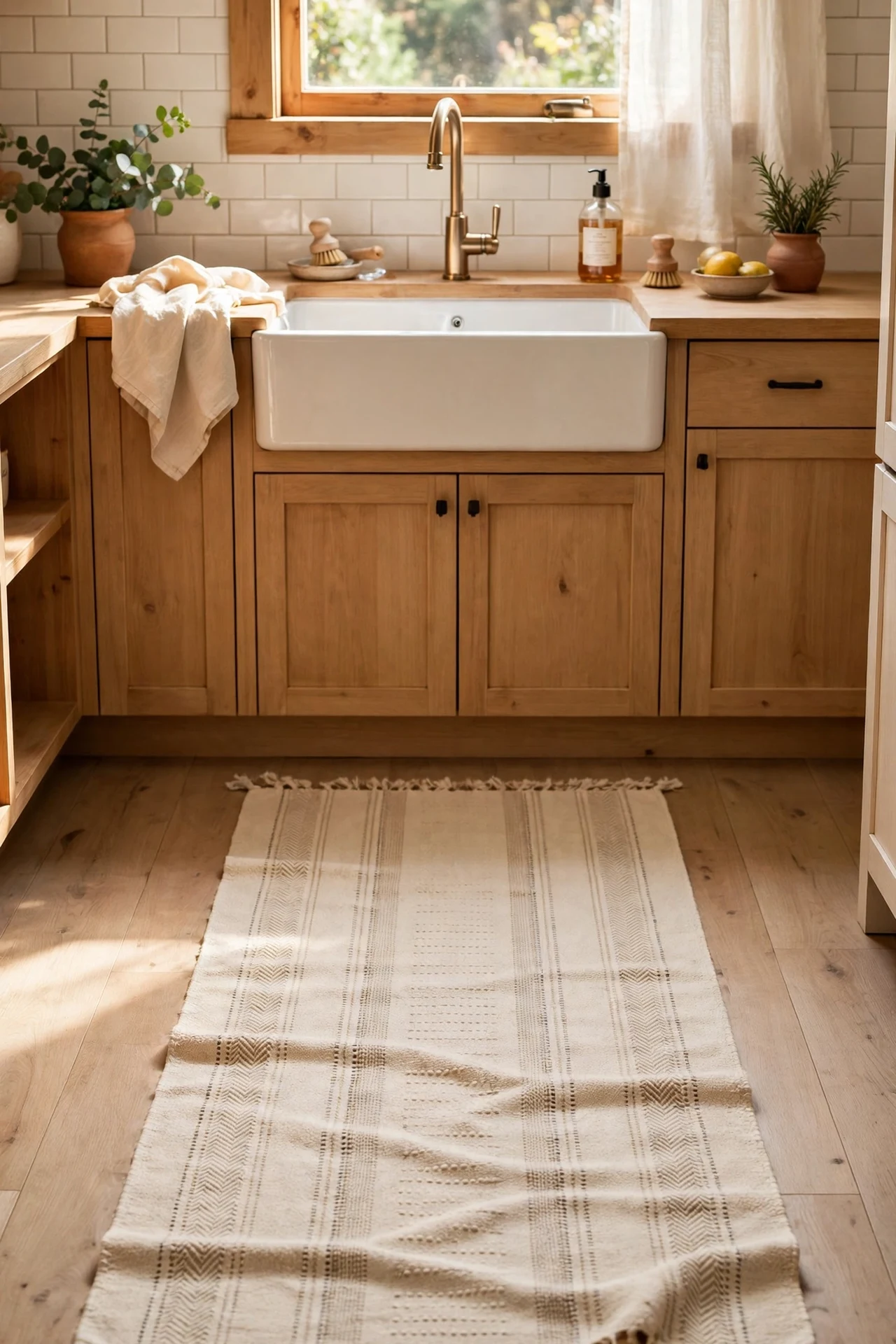 Cream washable runner rug by warm white kitchen sink