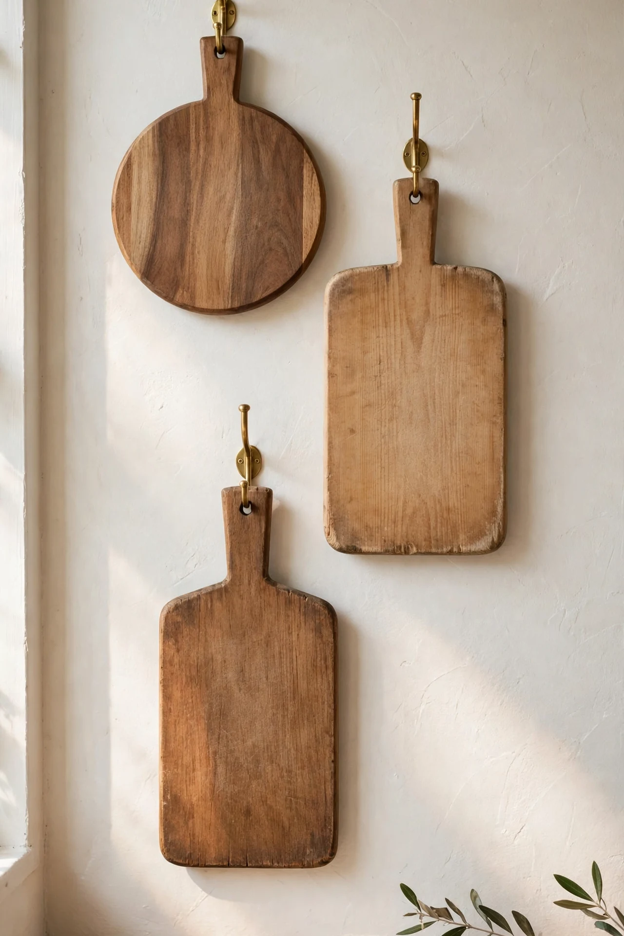 Wooden cutting boards displayed on warm white kitchen wall
