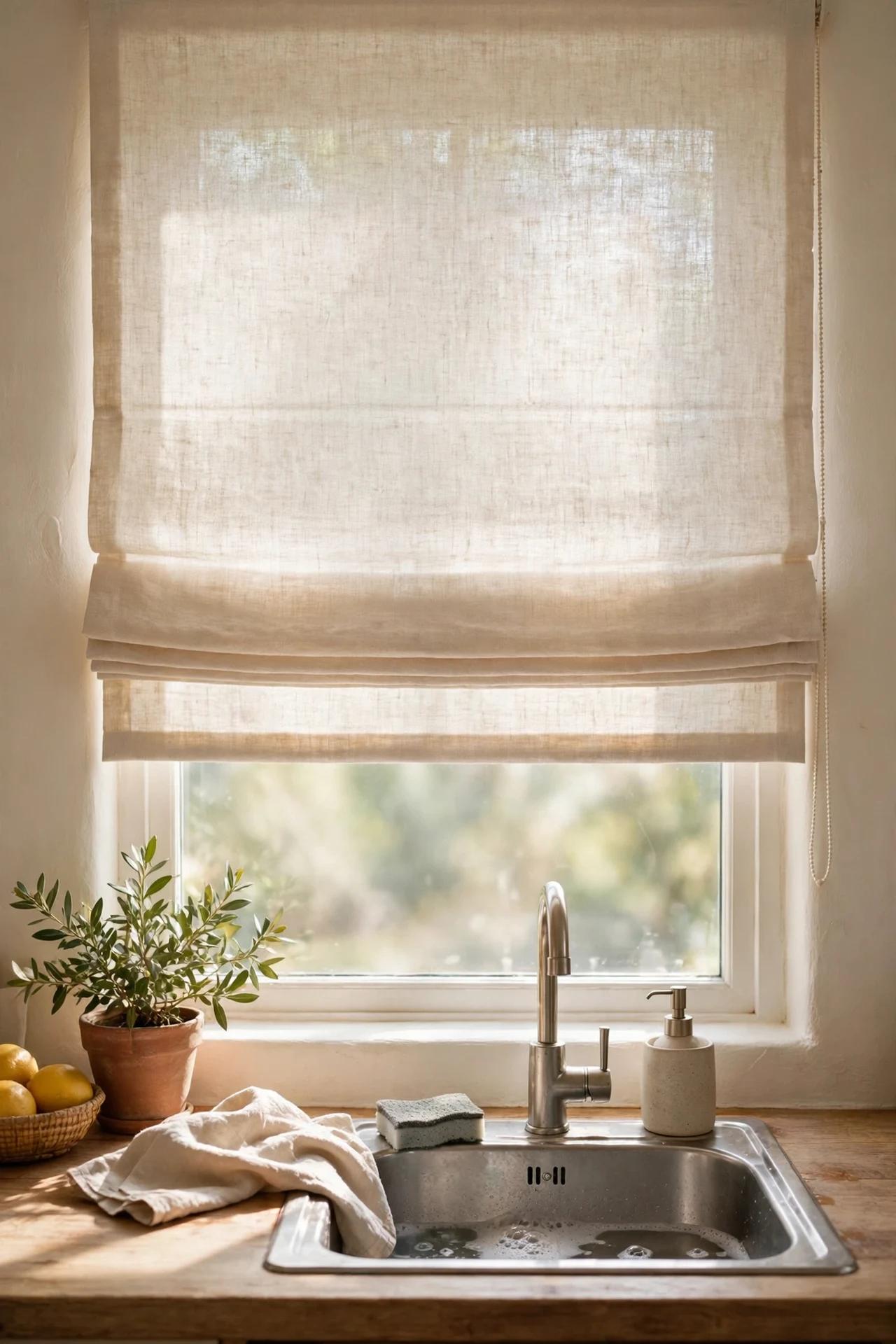 Warm white roman blind over kitchen sink window