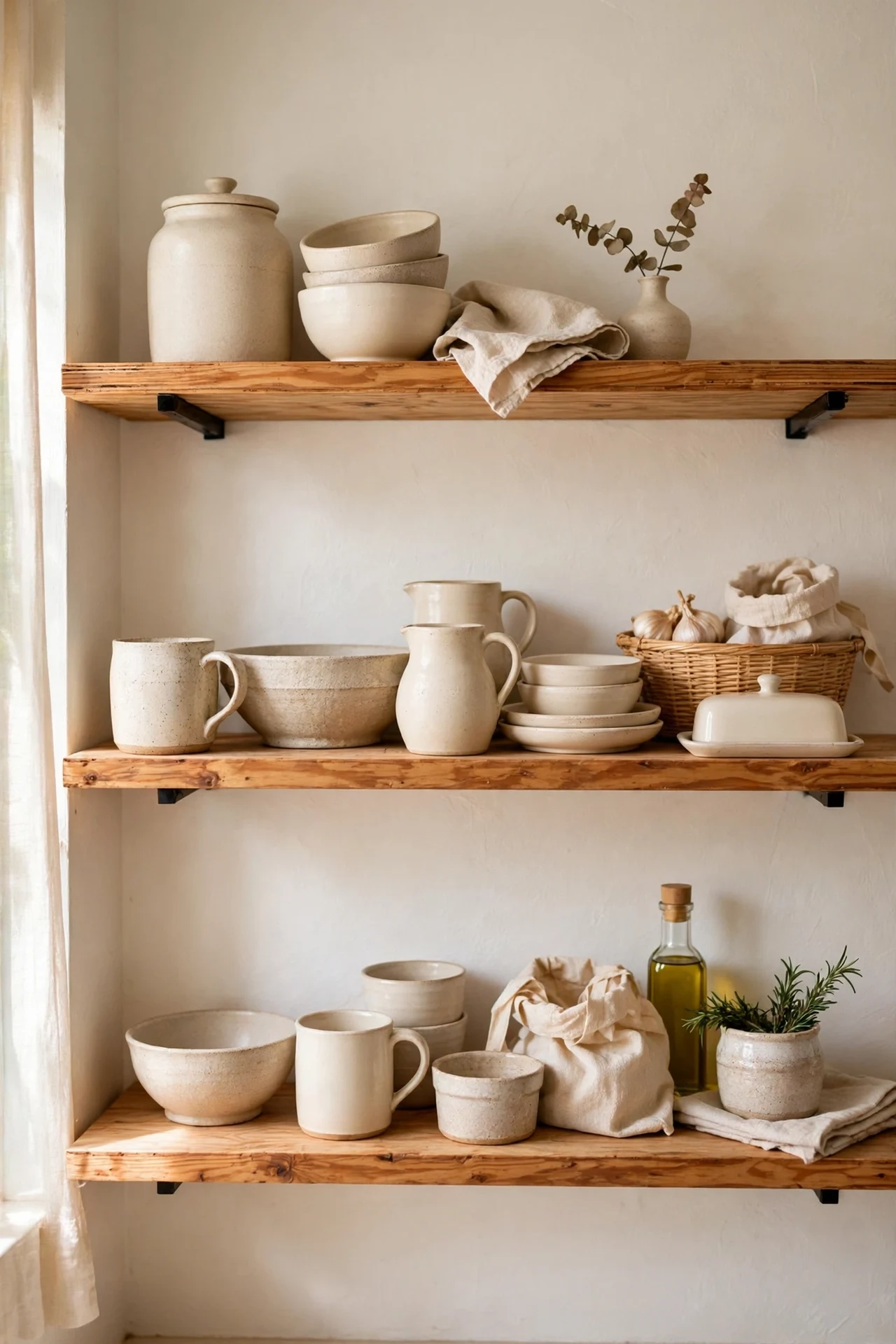 Cream ceramics grouped on open warm white kitchen shelves