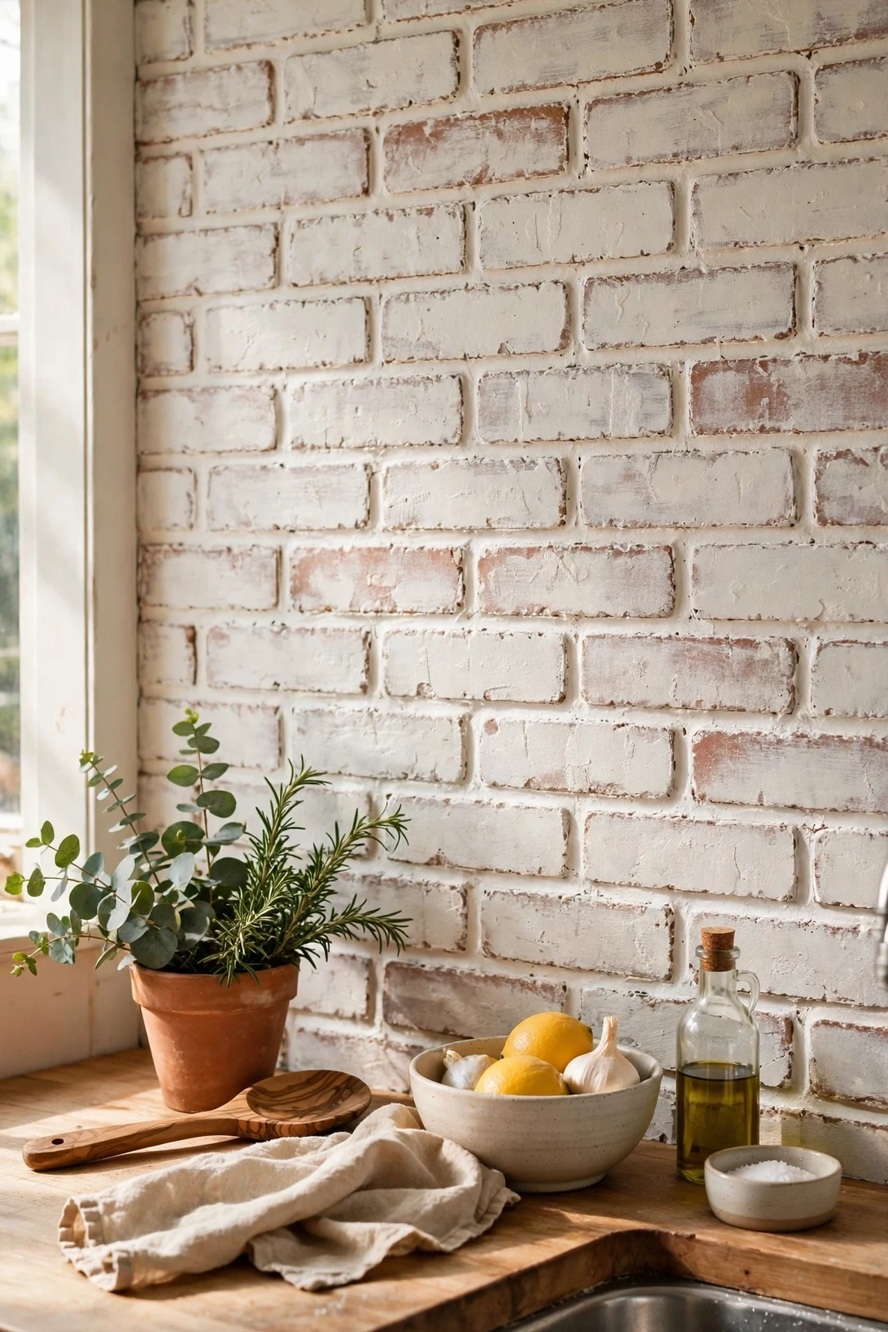 Exposed brick painted warm white as kitchen backsplash