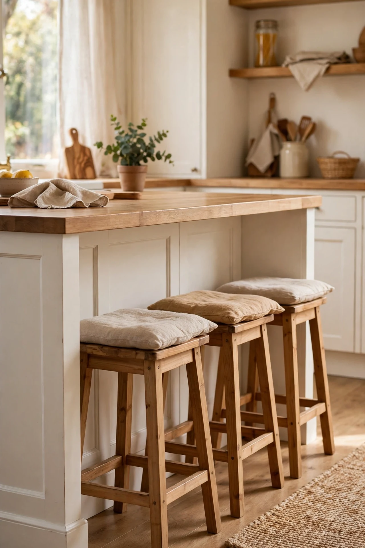 Wooden counter stools at warm white kitchen island