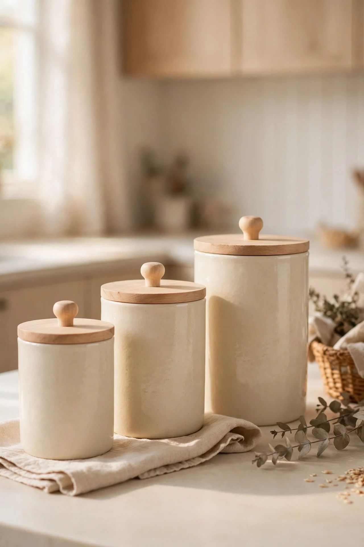 Cream canisters lined up on warm white kitchen worktop