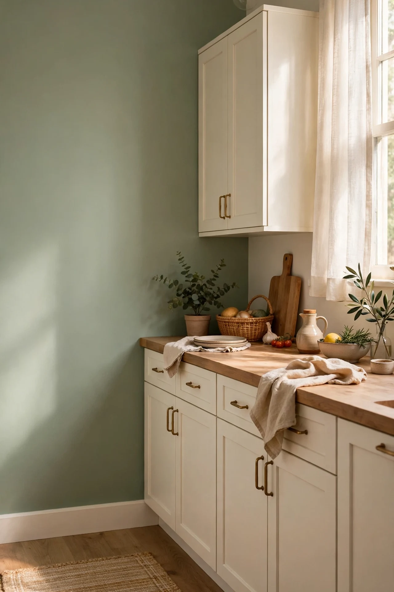 Soft sage accent wall beside warm white kitchen cabinets