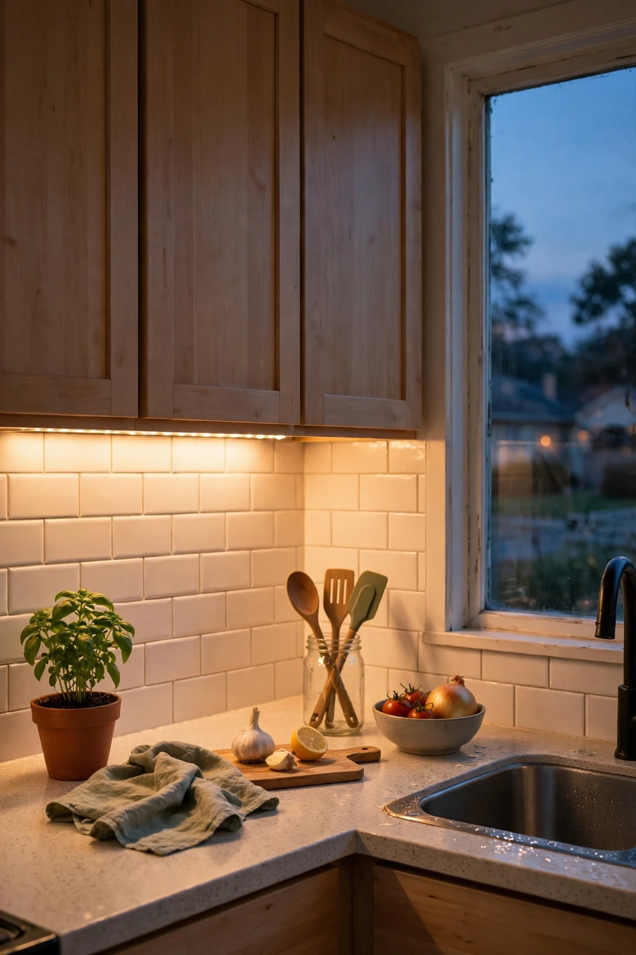 Warm LED strip lighting glowing under kitchen wall cabinets