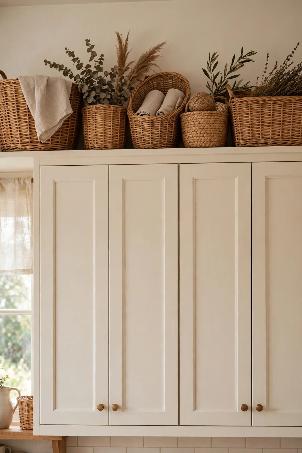 Wicker baskets arranged above warm white kitchen cabinets
