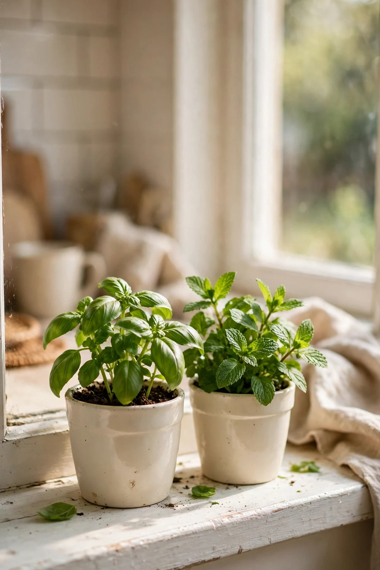 Fresh herbs in cream pots on warm white kitchen windowsill