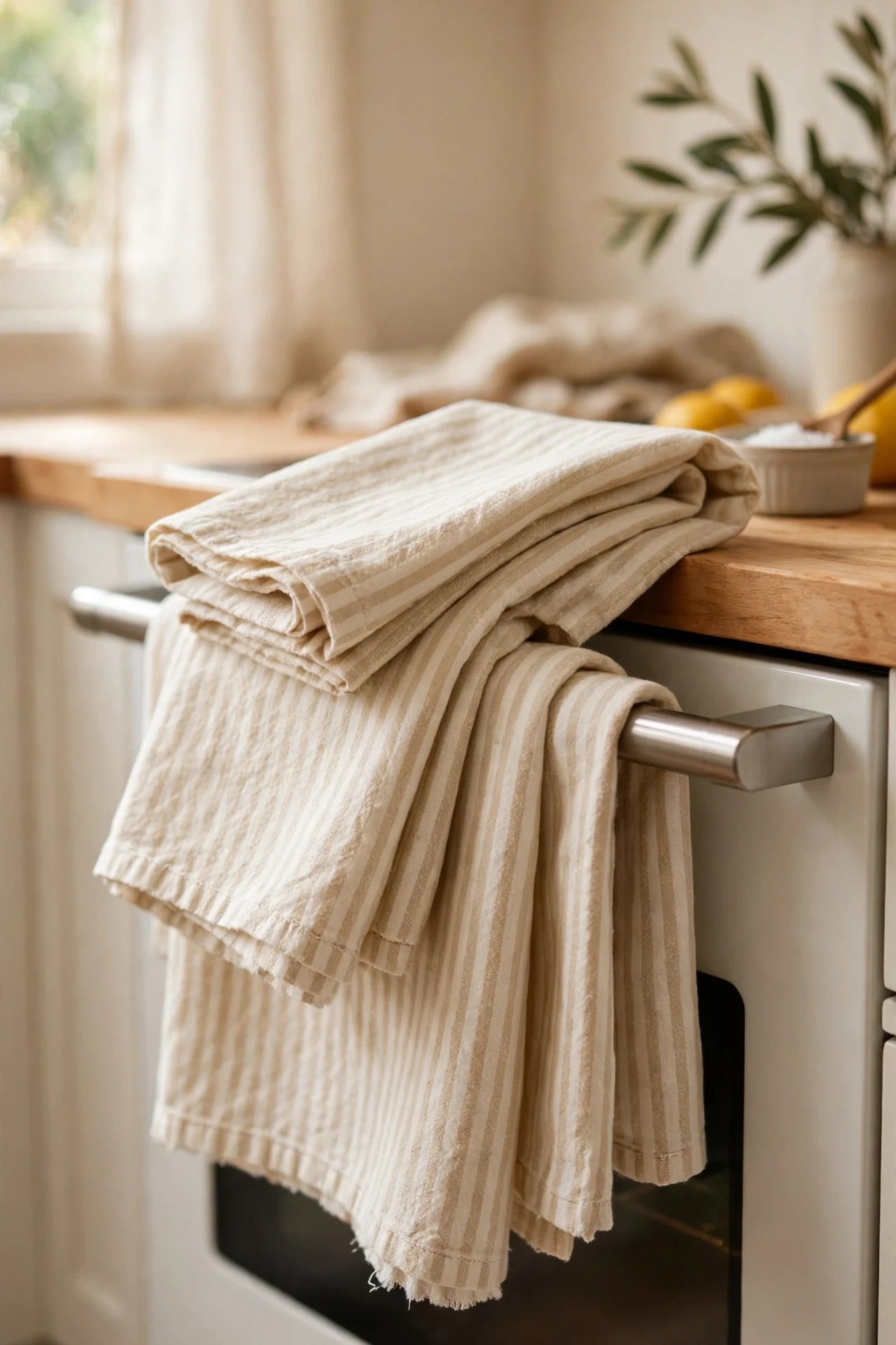 Cream tea towels folded over warm white kitchen oven handle