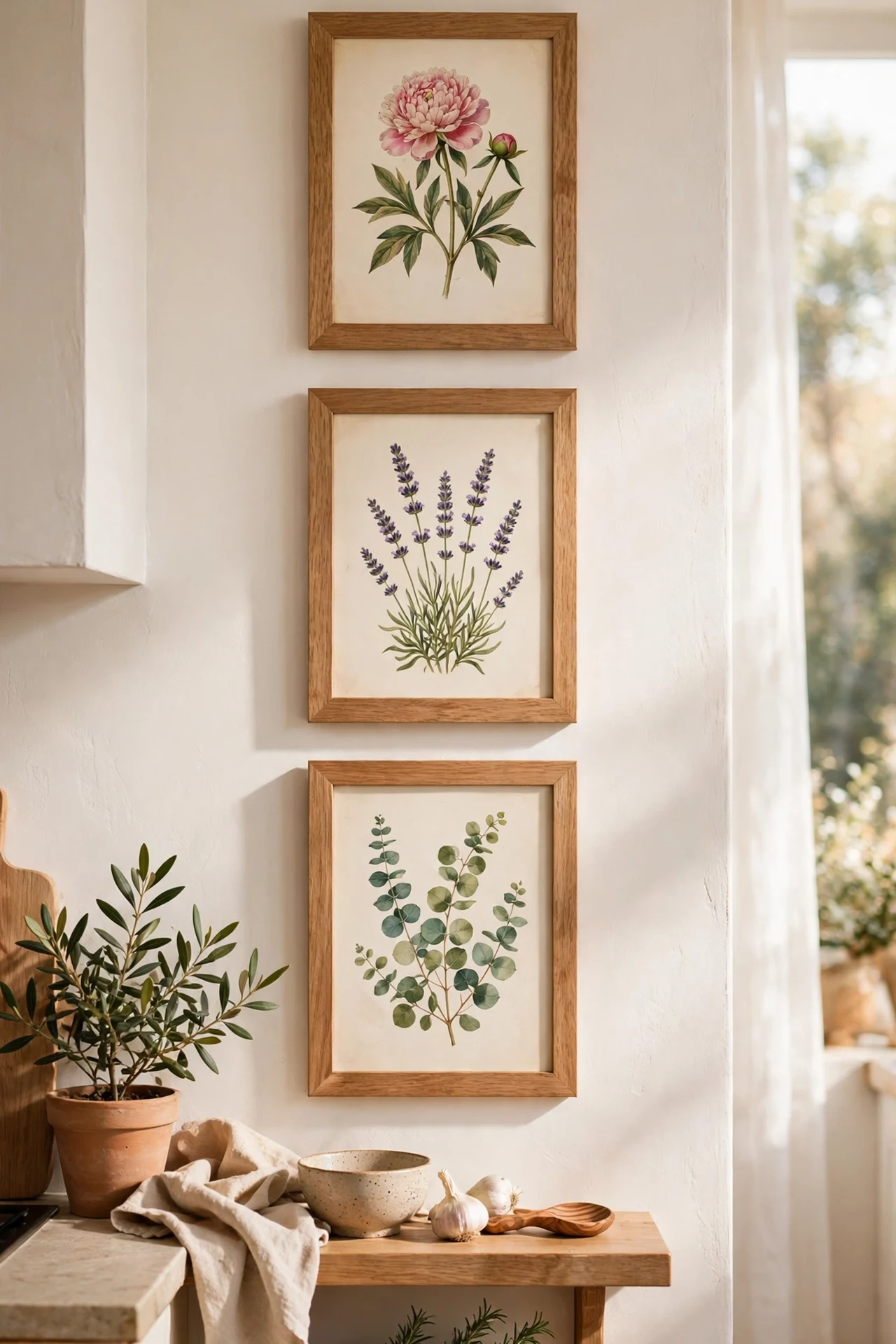 Botanical prints in natural wood frames on kitchen wall
