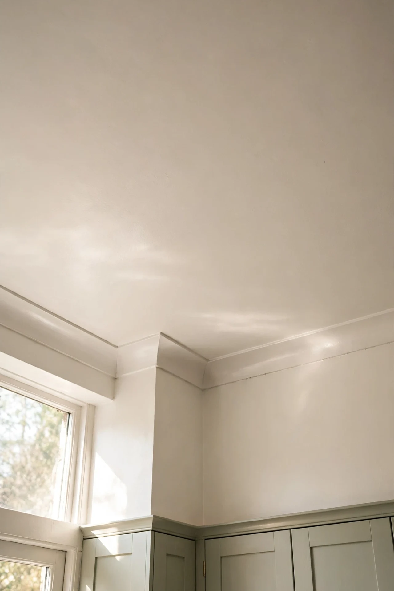 Freshly painted warm white kitchen ceiling with coving