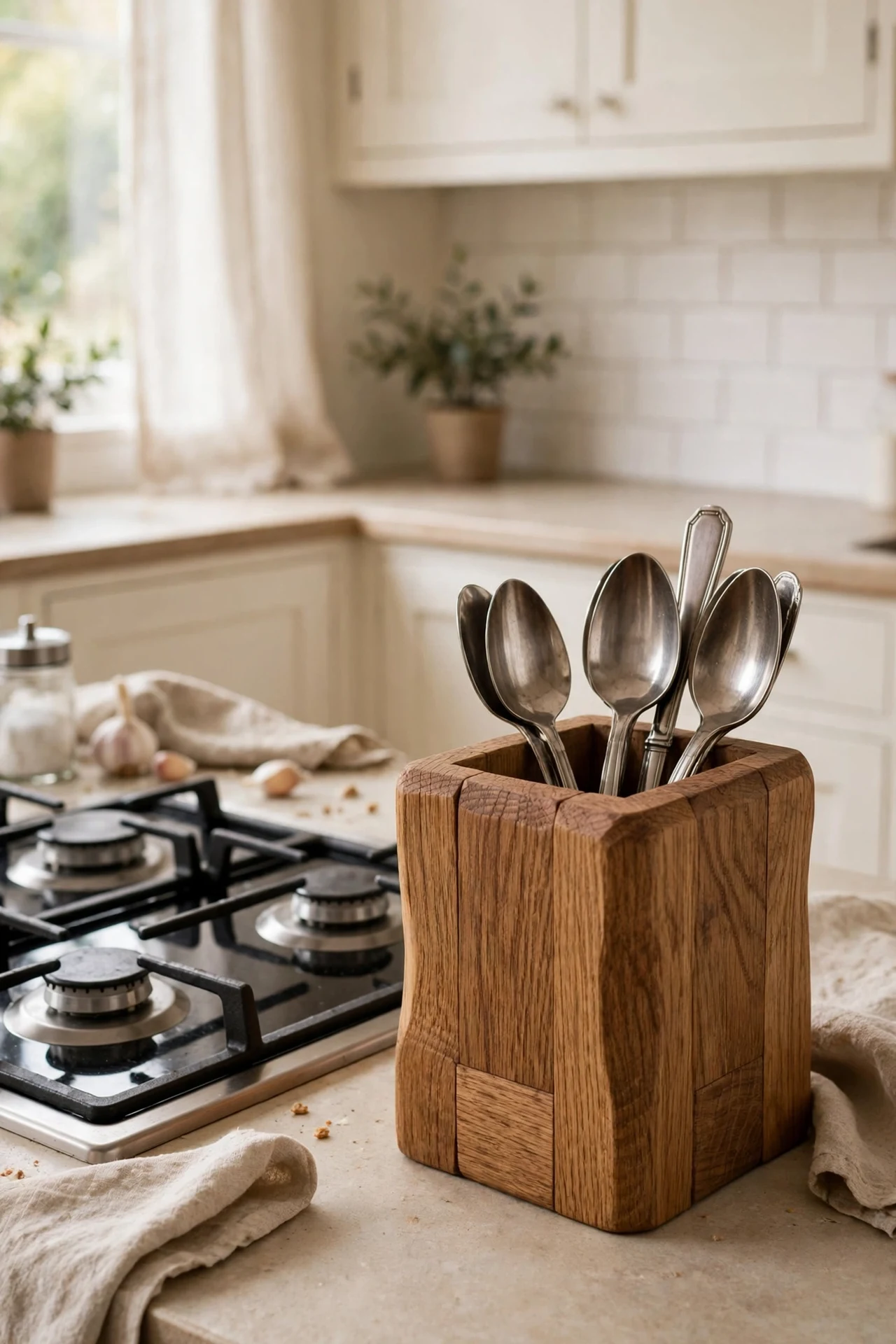Chunky wooden utensil holder beside warm white kitchen hob