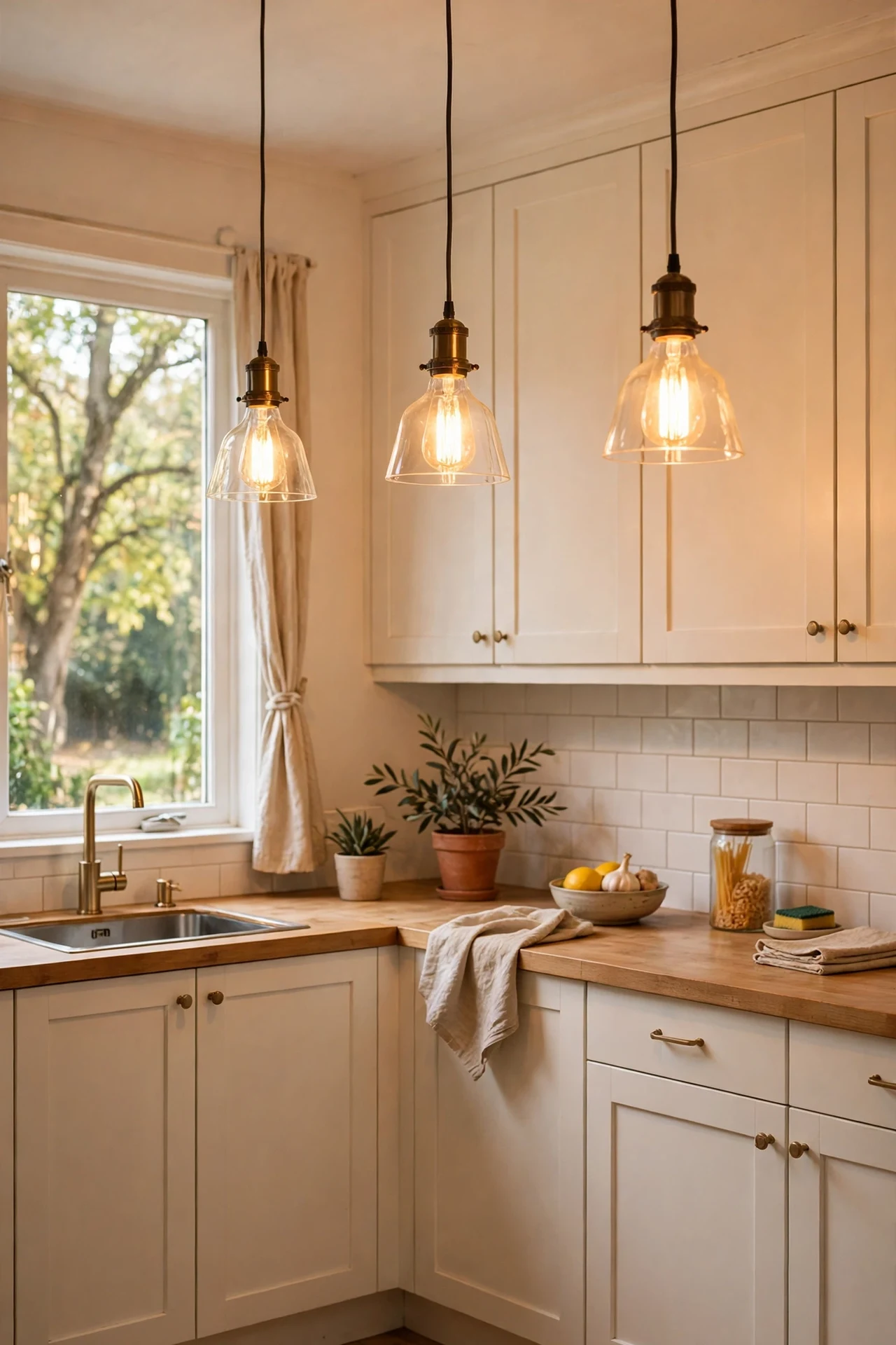 Warm 2700K bulbs glowing in warm white kitchen pendants